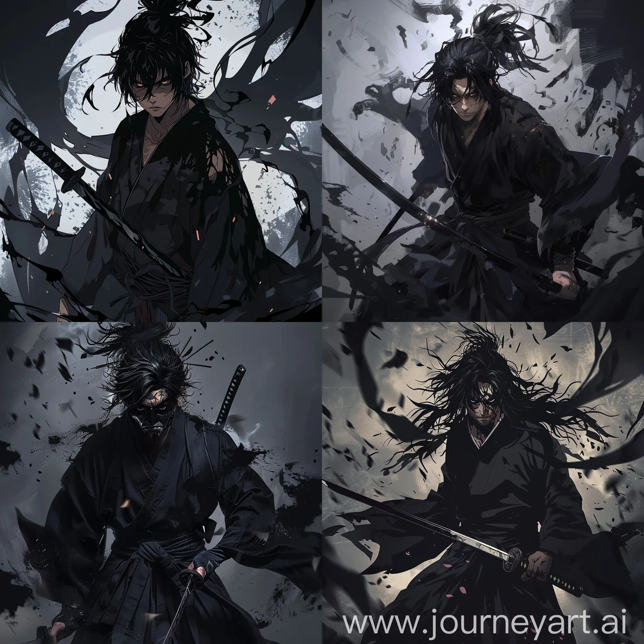 Black haired male, full body, black kimono, black katana, vagabond manga style, surrounded by shadows, anger and sadness, oni mask, shadows leaking from he blade, death stare, oni