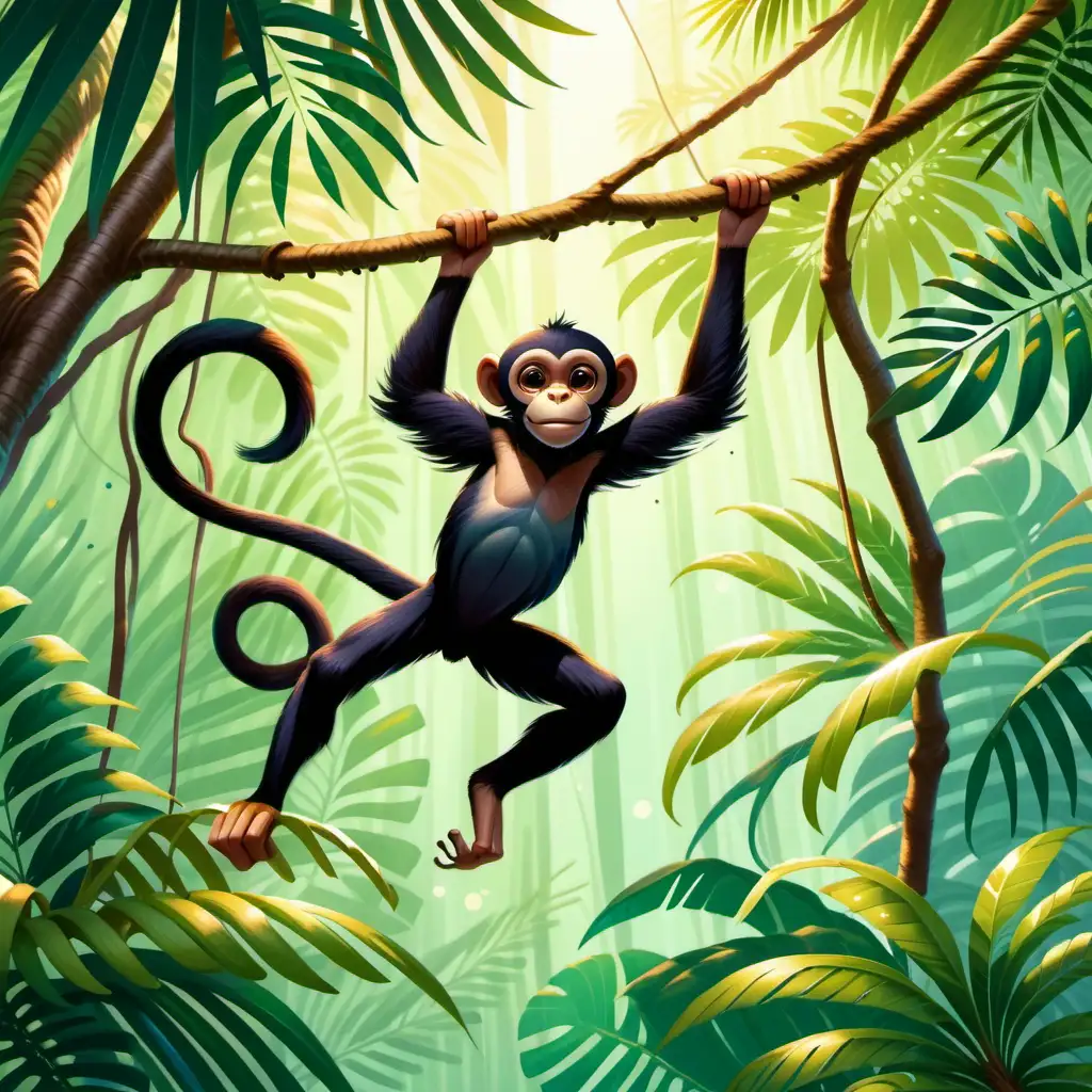 Playful Spider Monkey Swinging in South American Rainforest Canopy