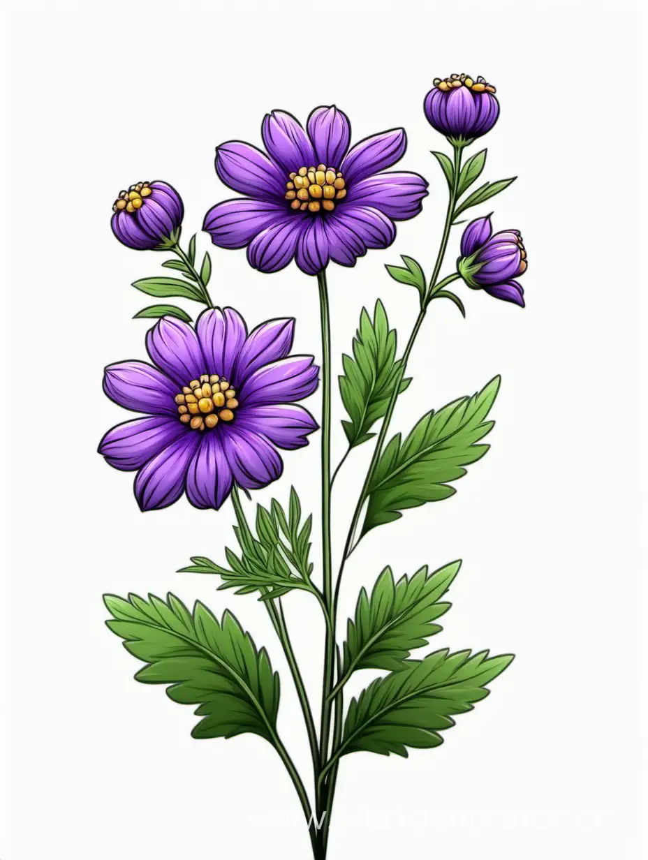 Purple Big wildflower 3 plants lines art, simple, herb, Unique floral, botanical ,grow in cluster, 4K, high quality, white background,