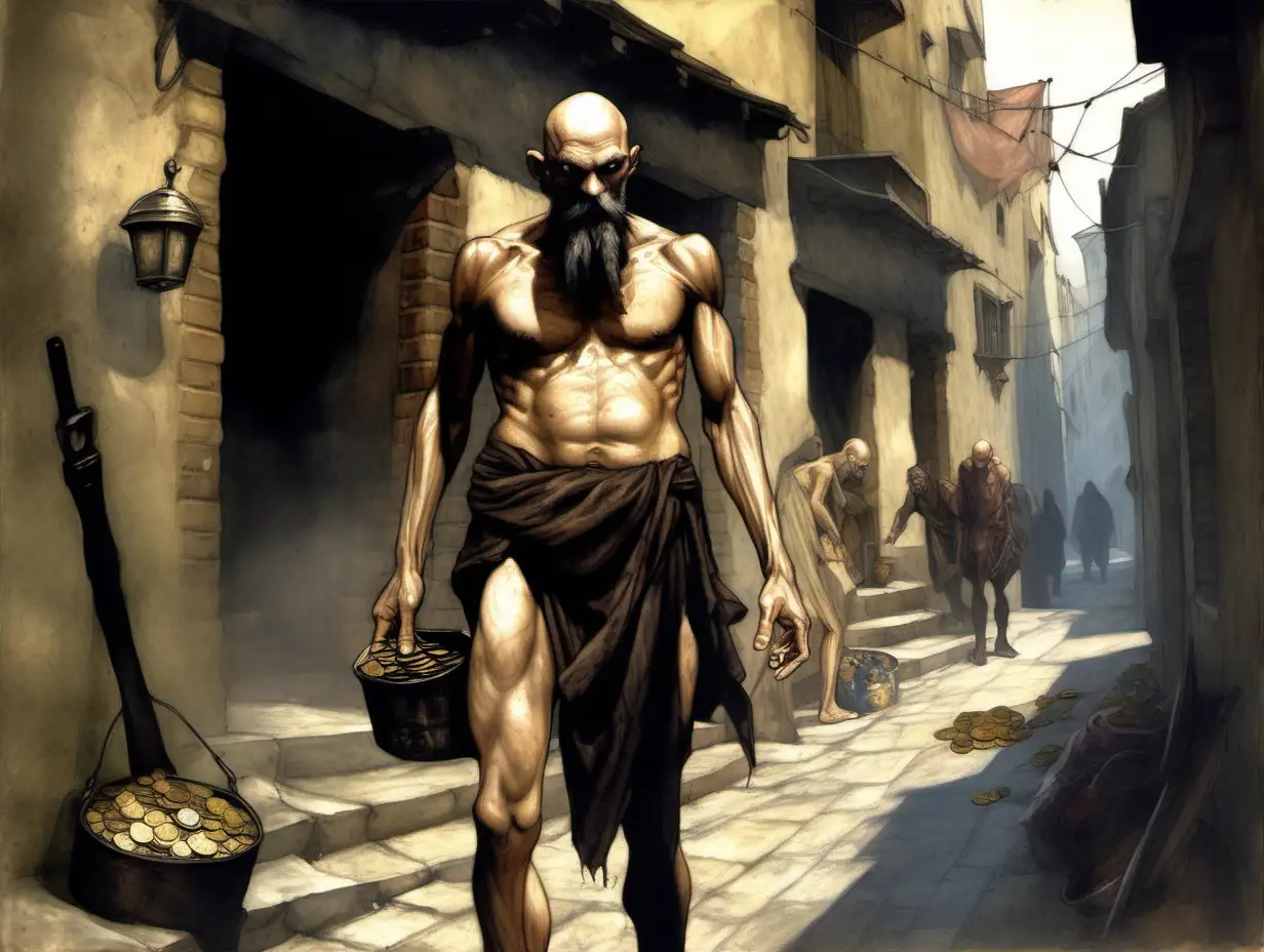 naked very skinny bony thin hunchbacked bald beggar, pointy black beard, loincloth, holding bag of coins, busy city, dirty alley, day, Medieval fantasy painting, MtG art