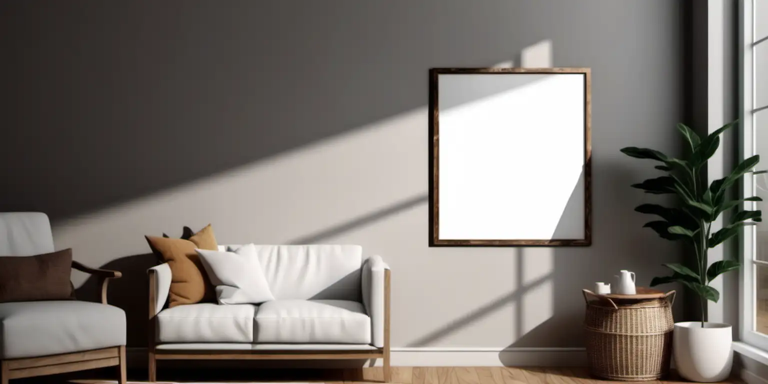 wooden poster white blank frame mockup, reflection, shadow overlay, cozy living room, farmhouse stlyle, warm room, 4K, exclude random objects,