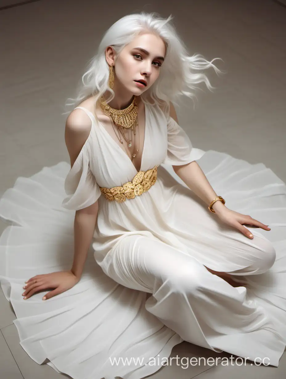 Девушка, белые волосы до пола, лёгкое платье в светлых тона, золотые драгоценности