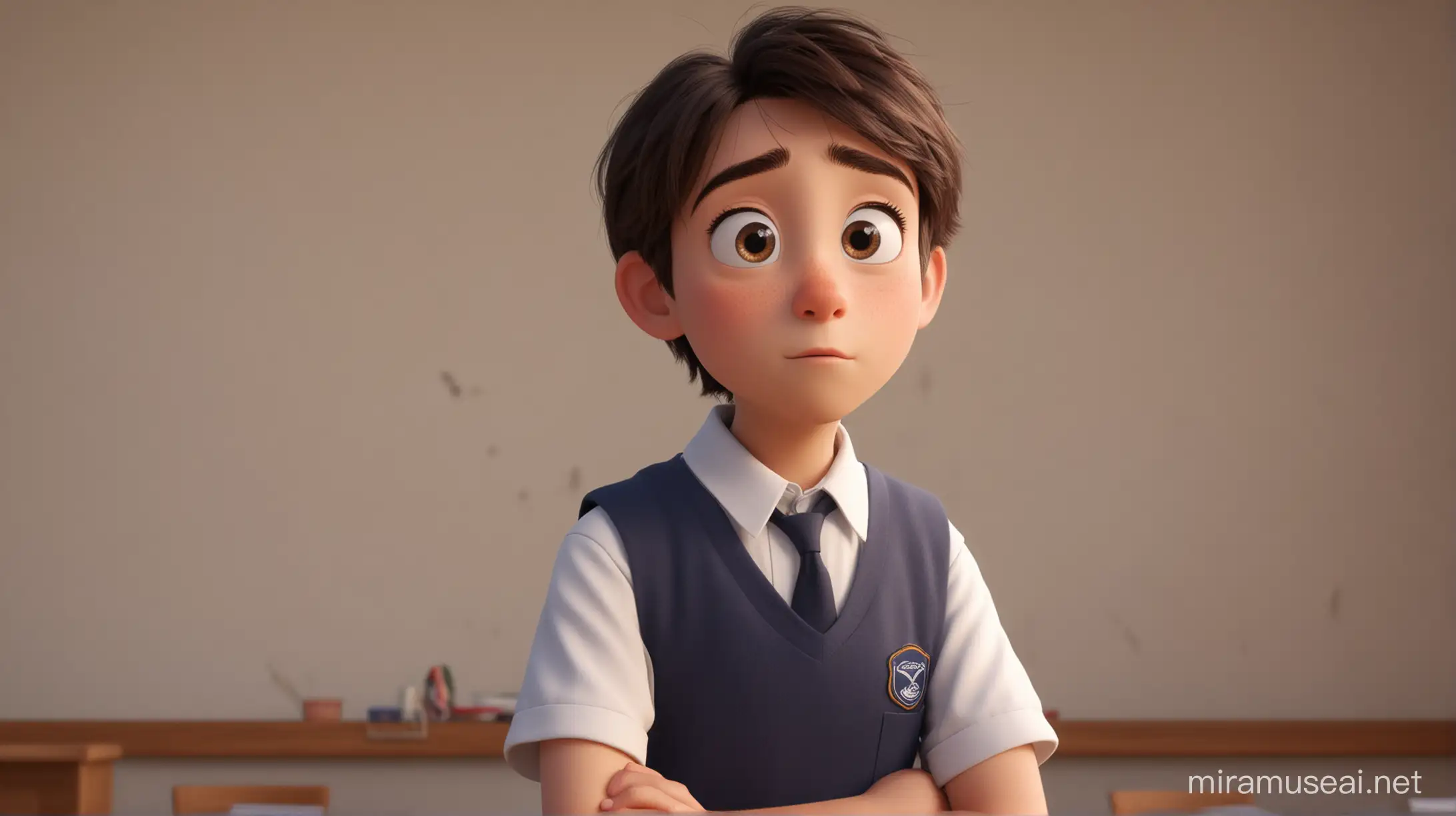 Thoughtful Student in School Uniform Contemplating with Cinematic and Pixar Style