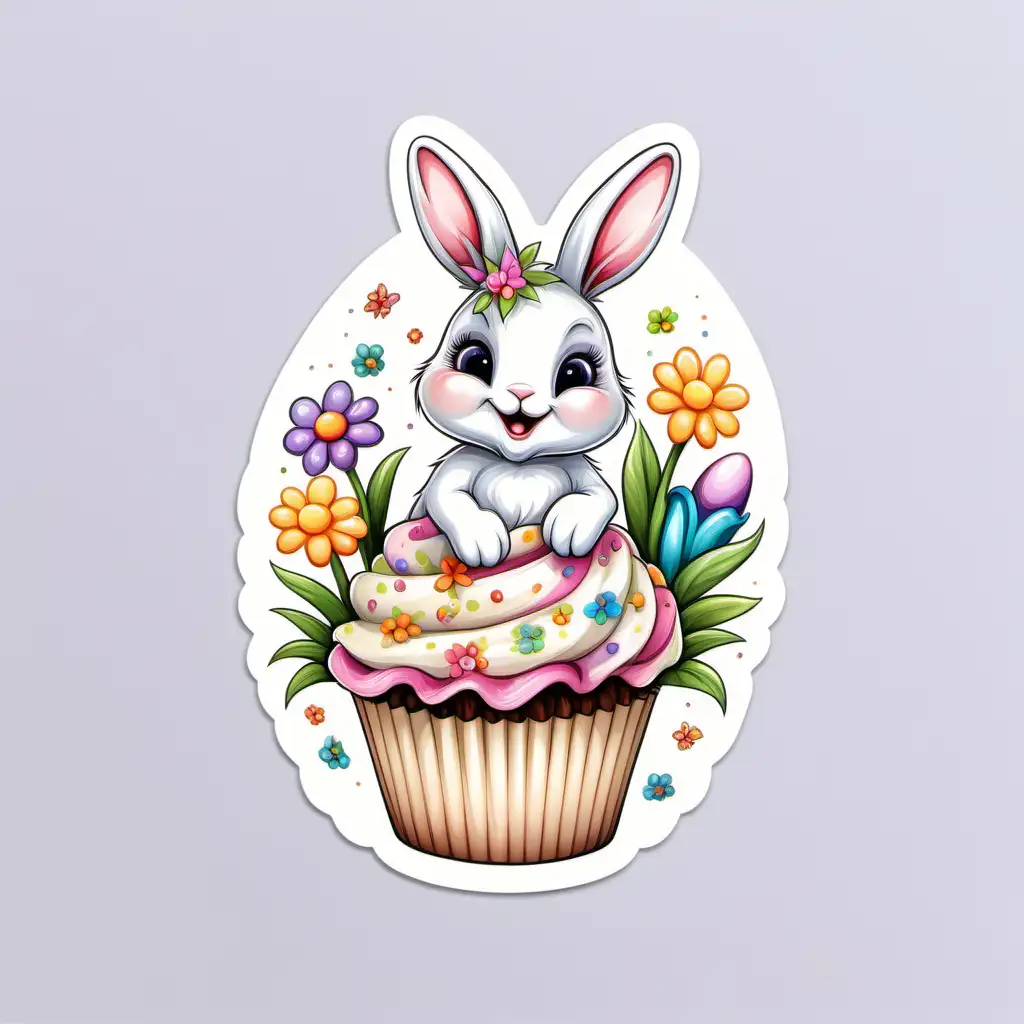 Whimsical Easter Baby Bunny Sticker on Colorful Cupcake