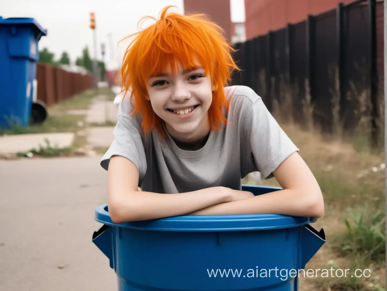 слащавый подросток дистрофик с оранжевой челкой сидит в мусорном ведре и улыбается