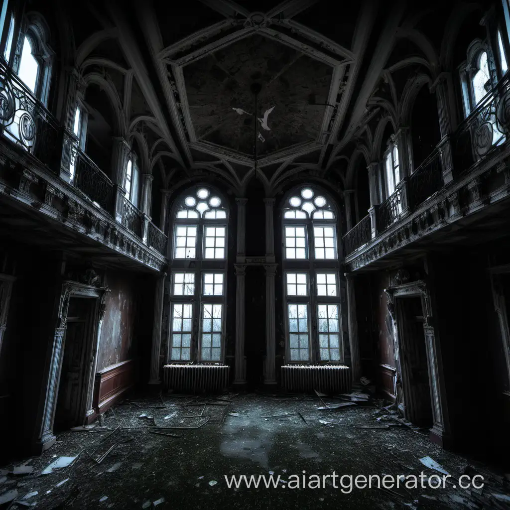 хол старого заброшенного темного готического особняка