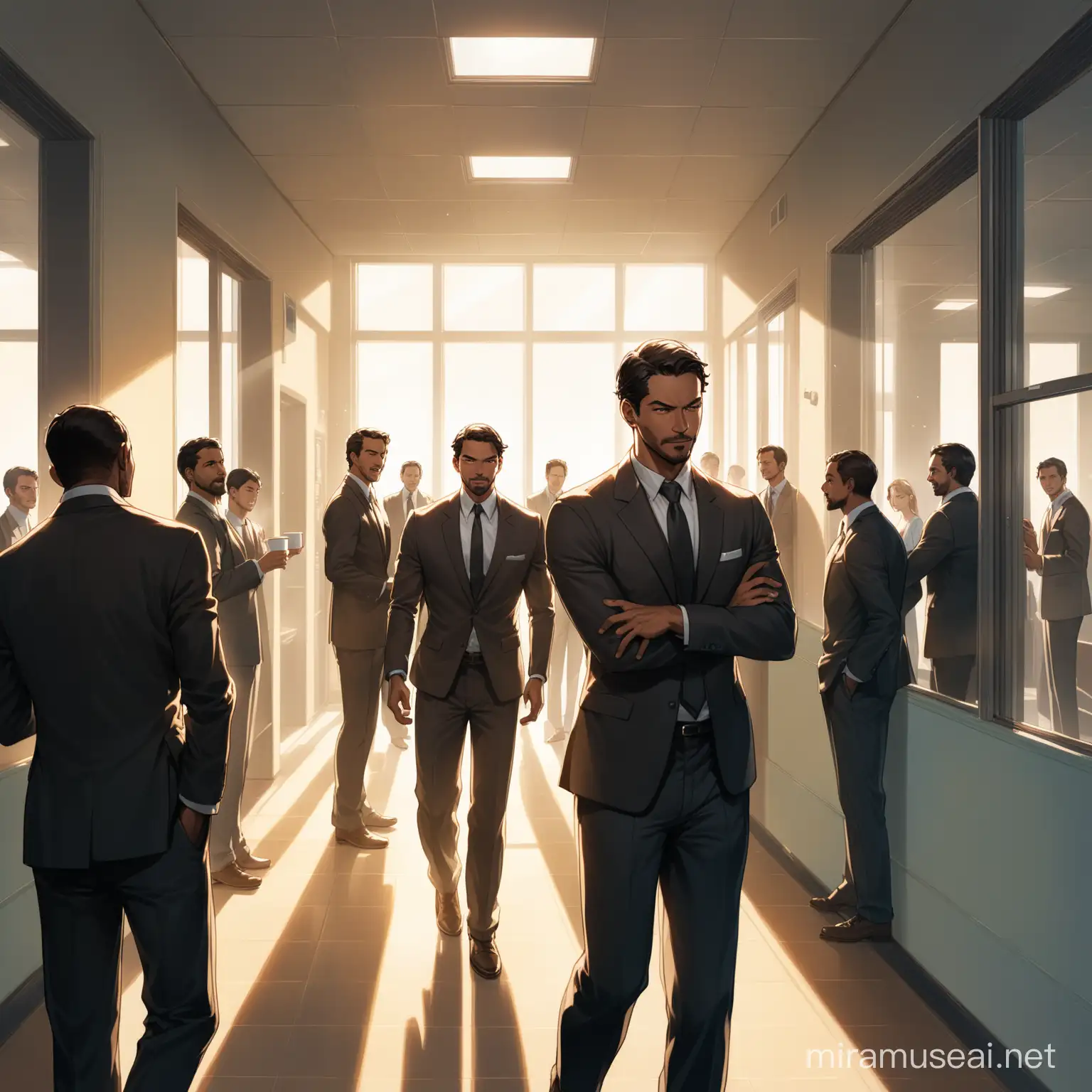 The midday sun streams through the large office windows, casting long shadows across the polished hallway. Laughter and animated conversation bounce off the walls, a soundtrack to the bustling scene. In the center of the frame, Marcus, a man in his late thirties, cuts a determined path through the lunchtime crowd. His crisp suit and tie stand out against the more casual attire of his coworkers. His jaw clenches slightly beneath a stoic expression, a hint of annoyance flickering in his eyes. Arms firmly crossed across his chest, he exudes an air of dismissal and disinterest in the carefree energy around him.  On either side, a group of coworkers huddle around the water cooler, their backs turned towards him. Faces lit with laughter and animated gestures, they are engrossed in their own world.  The sunlight streaming through the windows highlights the separation between them.  One might be gesturing excitedly, another clutching a coffee cup, completely oblivious to Marcus's presence. Their relaxed postures and joyful expressions create a stark contrast to his resolute purpose.  A single sheet of paper flutters to the ground at his feet, a silent hint of the possible source of his frustration. Ignoring the group entirely, Marcus continues his steady stride down the hallway, a stoic island in a sea of lunchtime revelry.