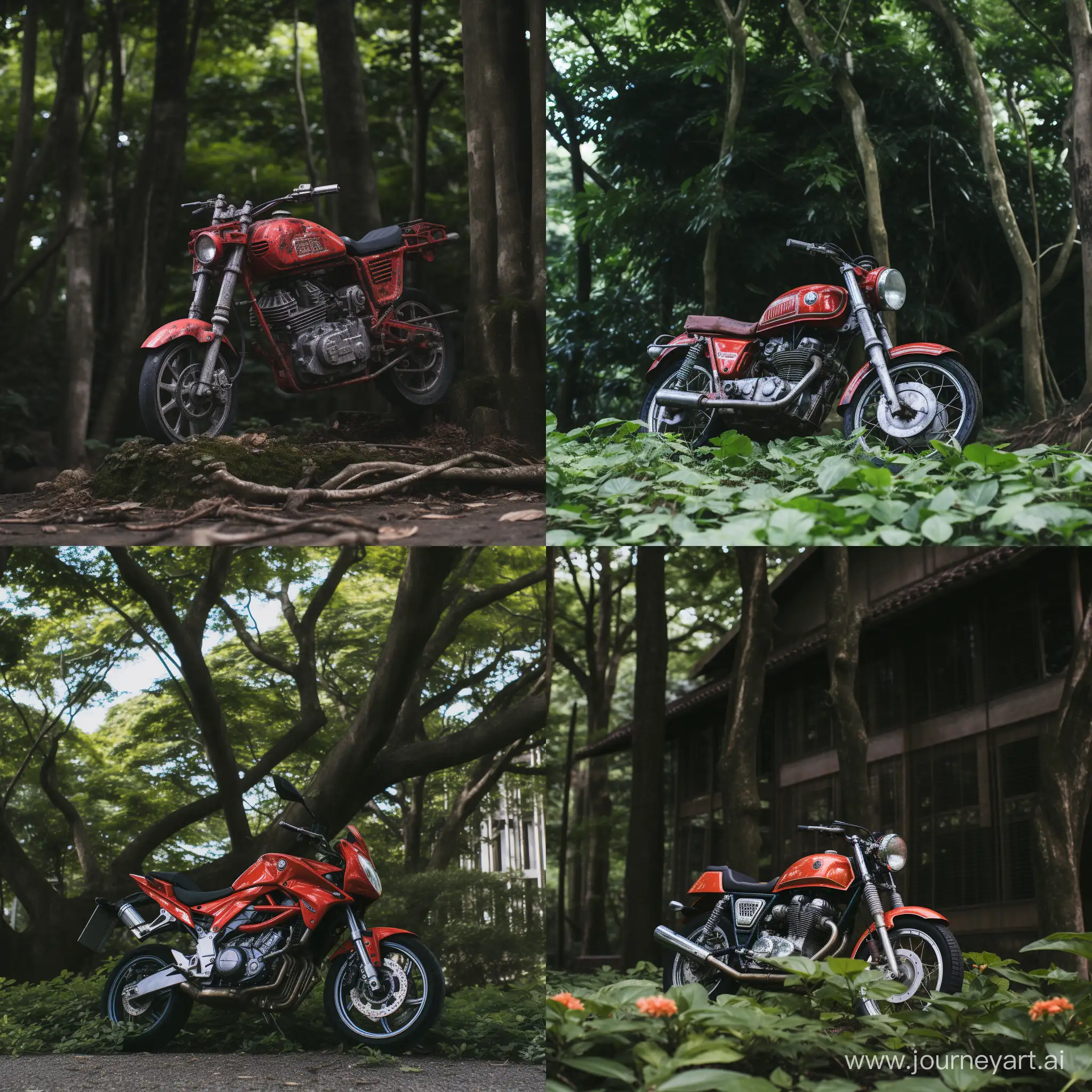A red 125cc Honda engine from Japan next to an unmanned tree
