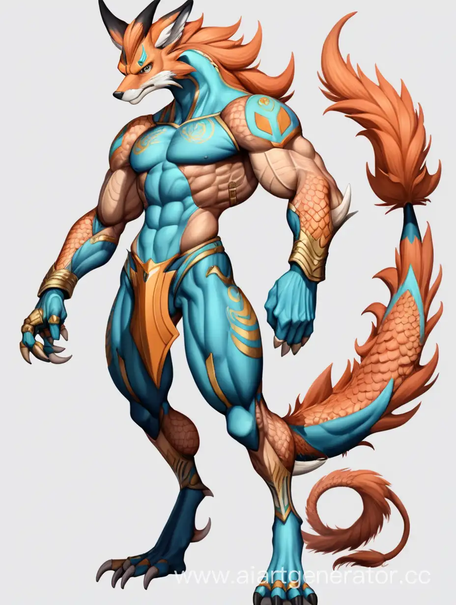 Muscular humanoid jojo Stand creature, head of a fox and tail and legs of a dragon, standing tall