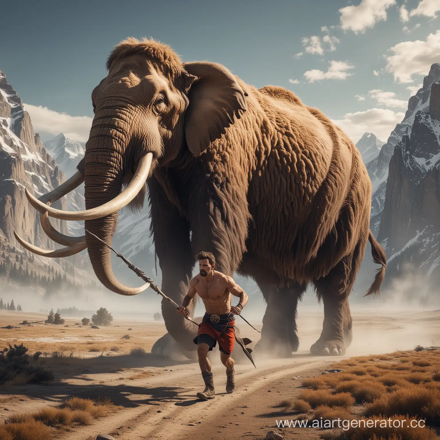 Modern-Athlete-Hunting-Mammoth-with-Spear