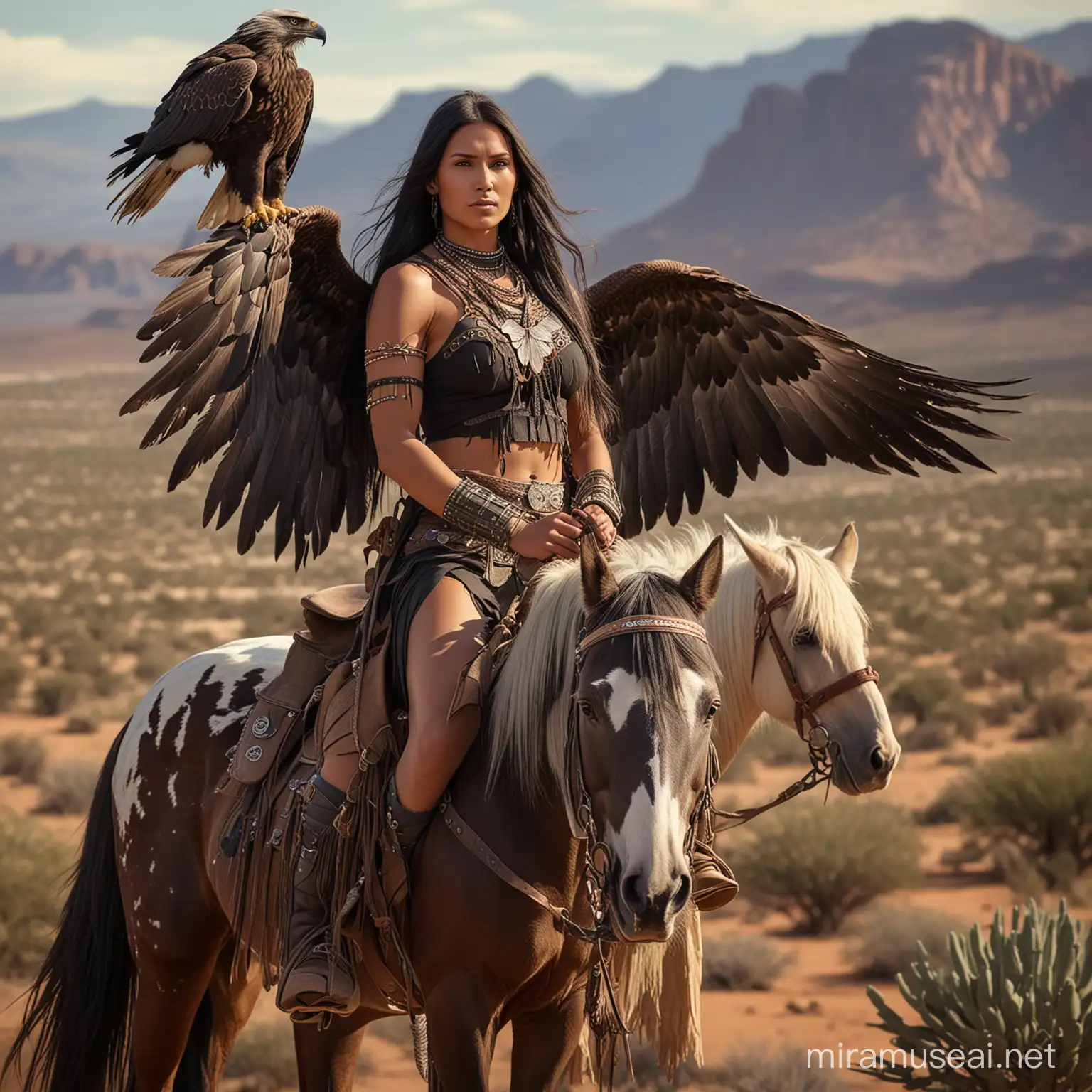 Hermosa guerrera apache, alta de cabellos negros largos, con alas grandes largas de aguila que le salen de la espalda y de fondo el desierto  y junto a ella una aguila gigante y un niño apache a caballo 

