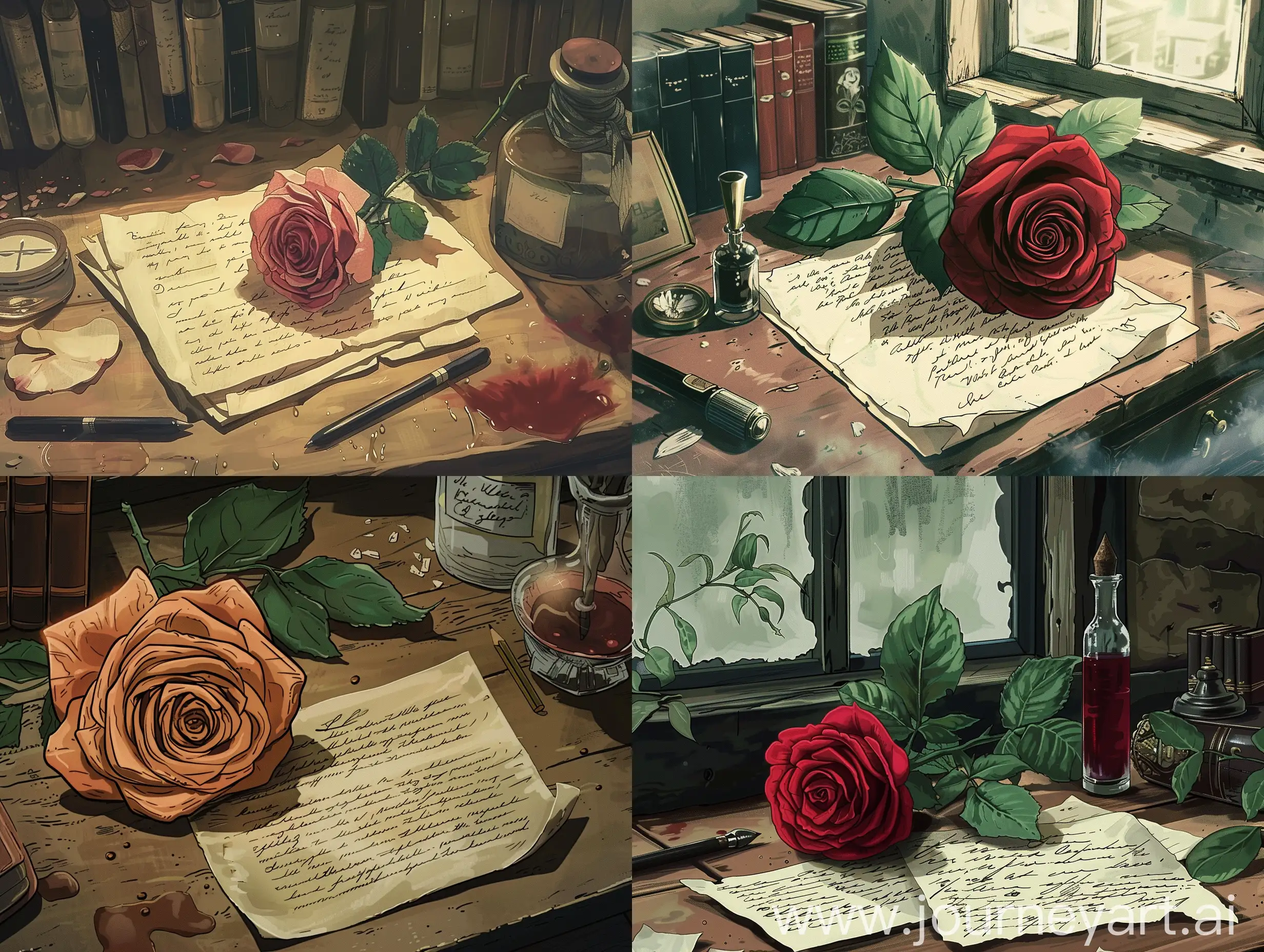 Desk, rose, letter, old ink, anime style.