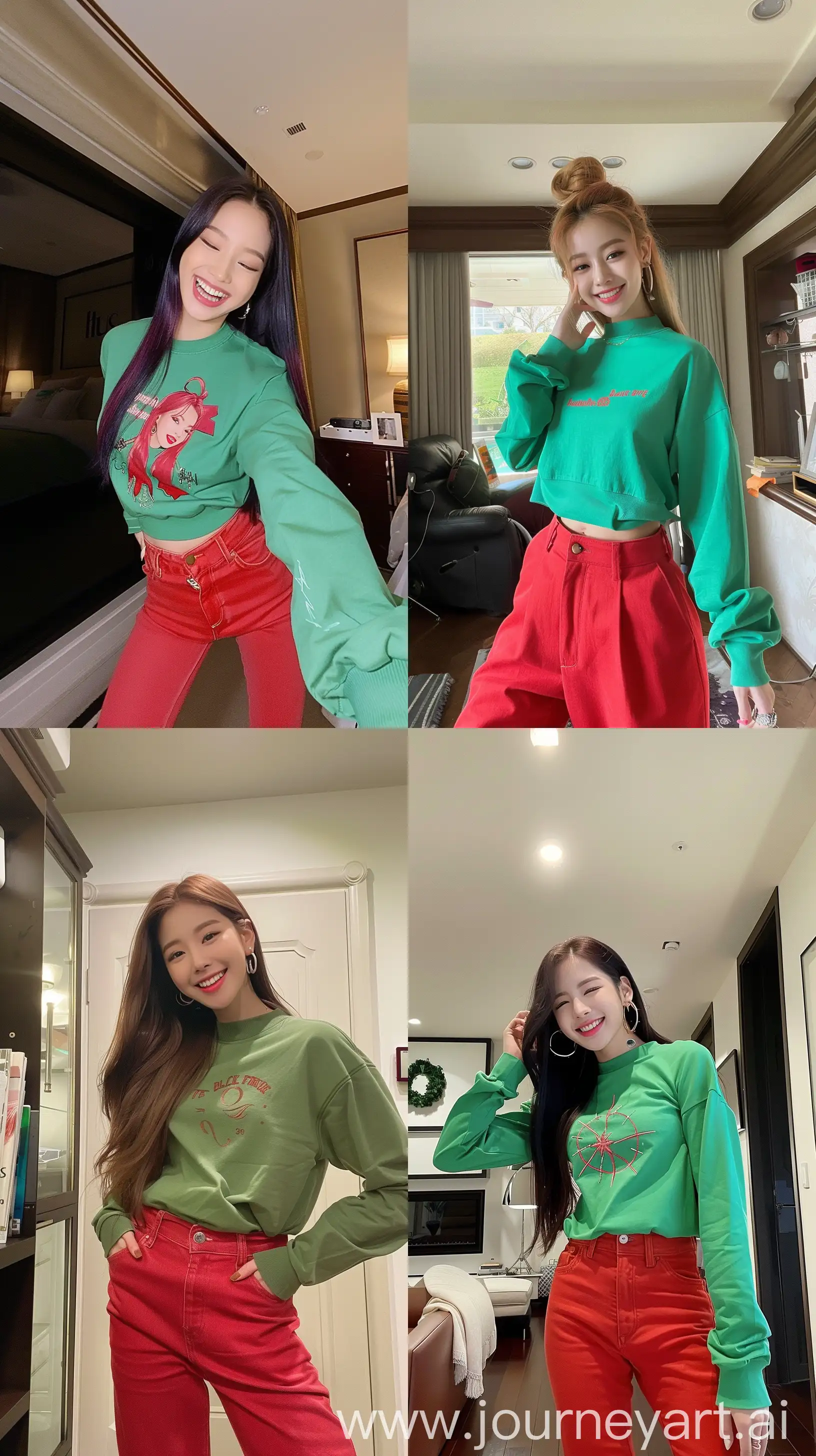 aestethic selfie, blackpink's jennie, wearing green  crewneck design, red pants, inside room, smile, profile , throw face away --ar 9:16