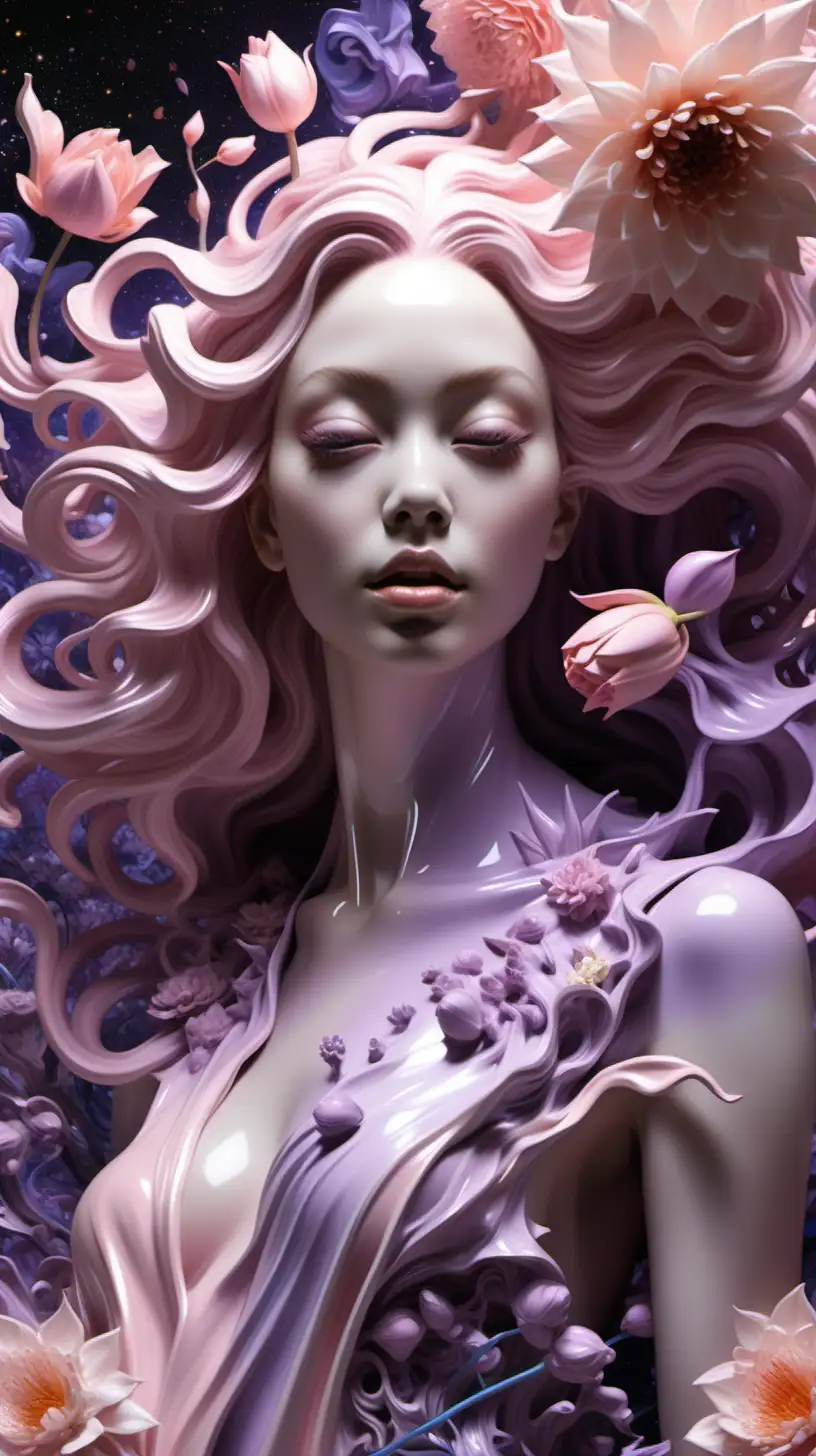 photo illustration from a world in the flowers and petals, add blooming, in the style of tanya shatseva, the stars art group (xing xing), meghan howland, light pink and light purple, mind-bending sculptures, realistic hyper-detail, fluid simplicity --ar 63:128 --stylize 750 --v 6