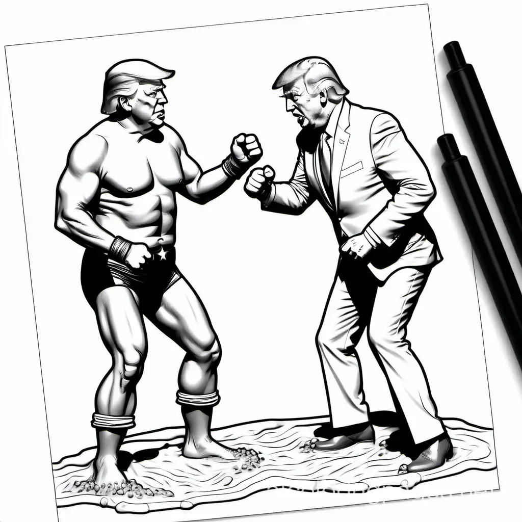 Donald Trump and Joe Biden mud wrestling, Coloring Page, black and white, line art, white background, Simplicity, Ample White Space. The background of the coloring page is plain white to make it easy for young children to color within the lines. The outlines of all the subjects are easy to distinguish, making it simple for kids to color without too much difficulty