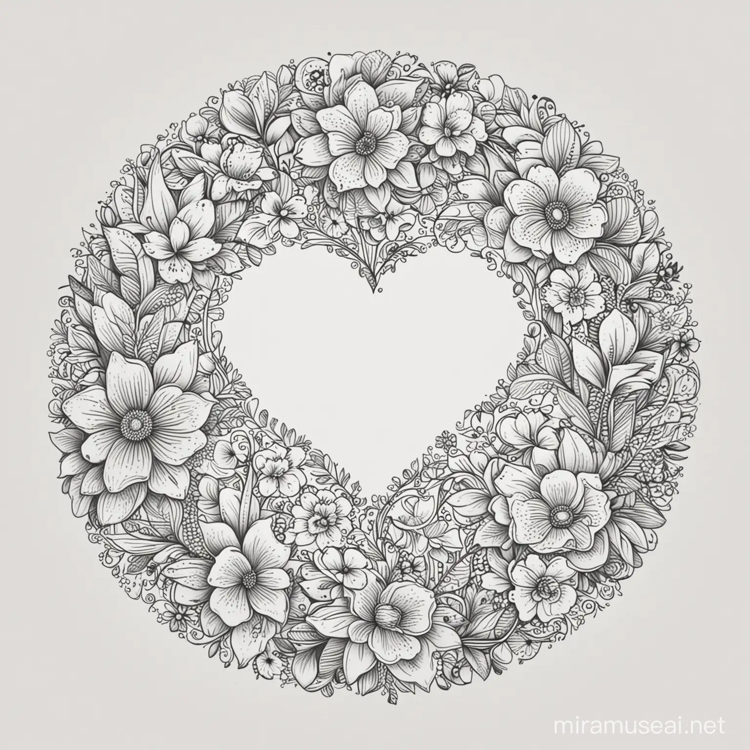 floral lineart in circle, hearts, vector, white background