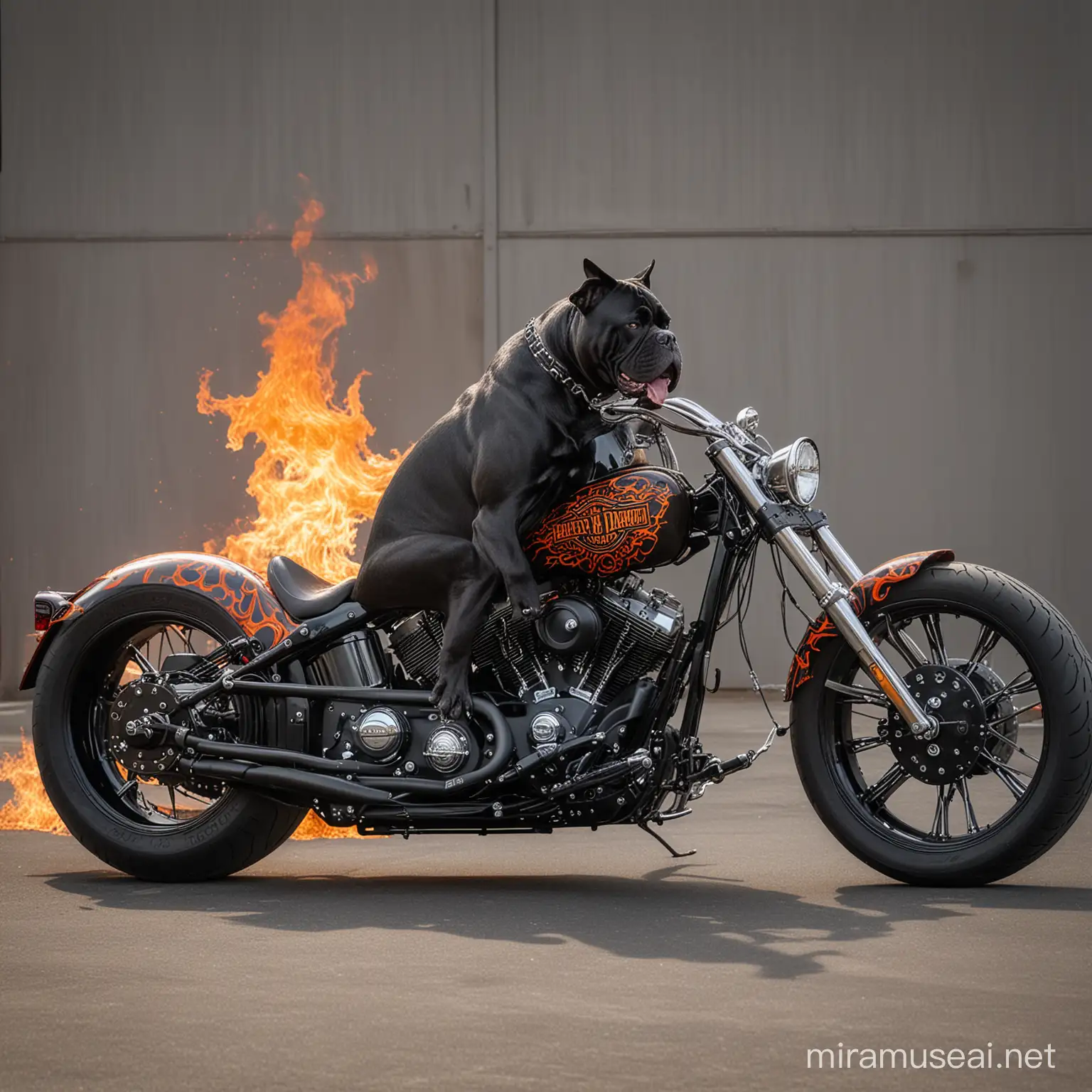 a cane corso dog driving aharley davidson custom occ chopper with long forks and flames painted on the gastank.