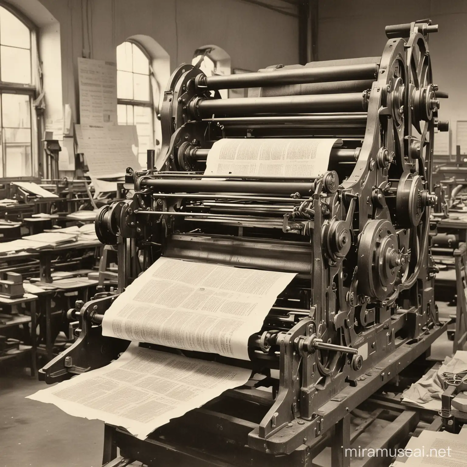 Una foto vintage di una vecchia macchina da stampa tipografica. Sullo sfondo fogli volanti che contengono messaggi di libertà. 