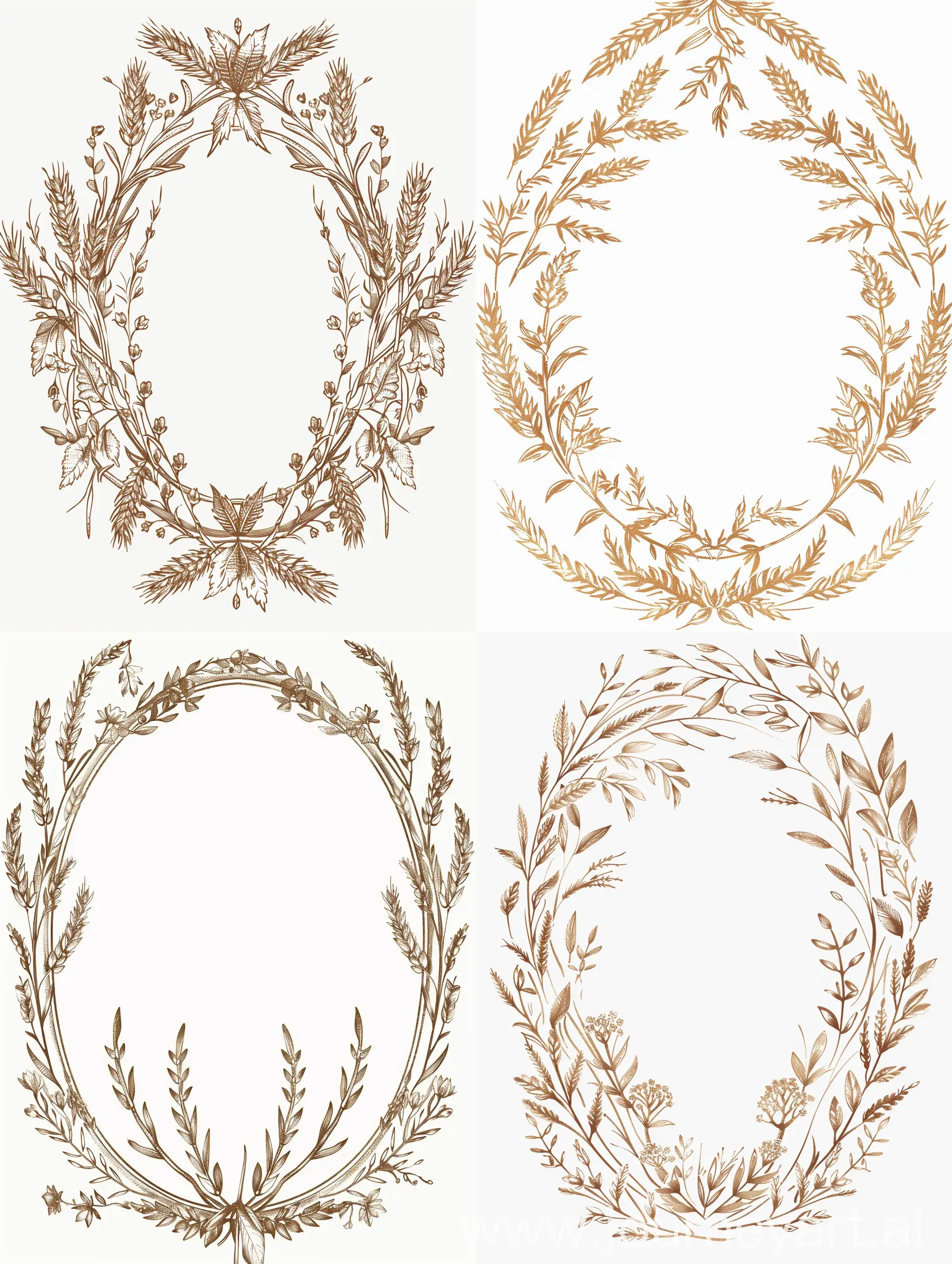 oval frame made of natural elements: spikelets and wheat leaves, beautiful complex ornament of small elements, flat illustration, light brown ink on a white background.