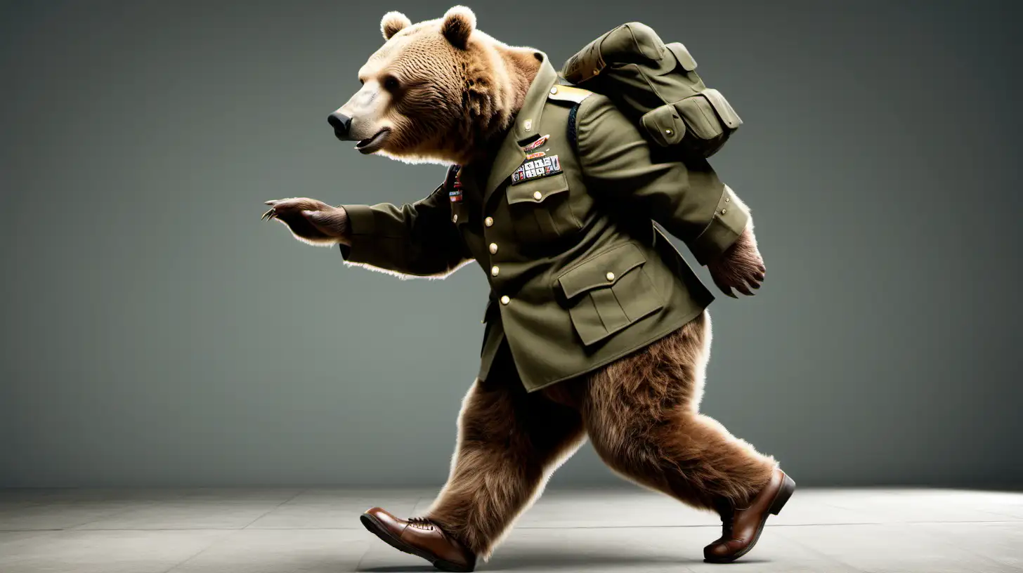 Private Brown Bear Marching in Army Uniform
