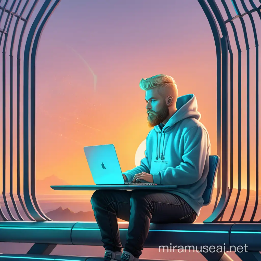 Blonde Developer Working on Laptop in Futuristic Sunset Gateway