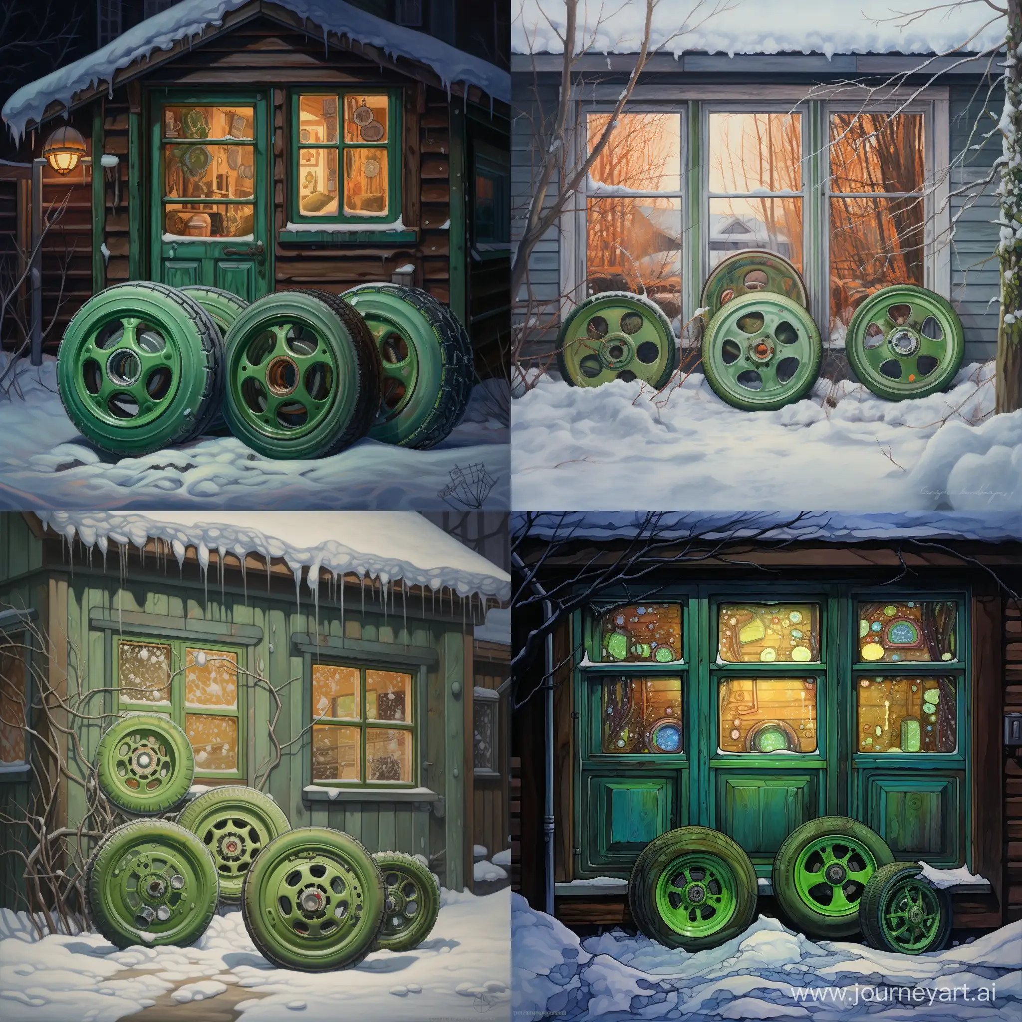 четыре зимних колеса с дисками, которые лежат на снегу возле гаража, гараж закрыт, а из окна гаража зеленый свет