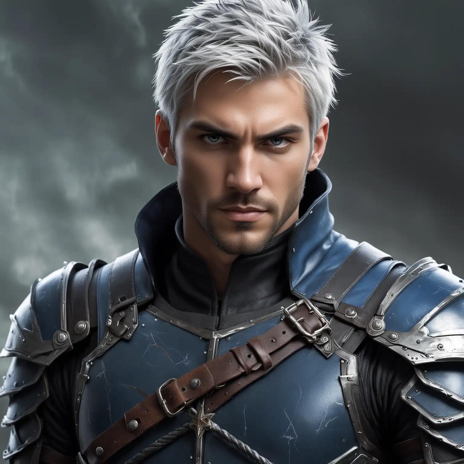 Mysterious SilverHaired Male Assassin in Black and Blue Leather Armor with Lightning Powers