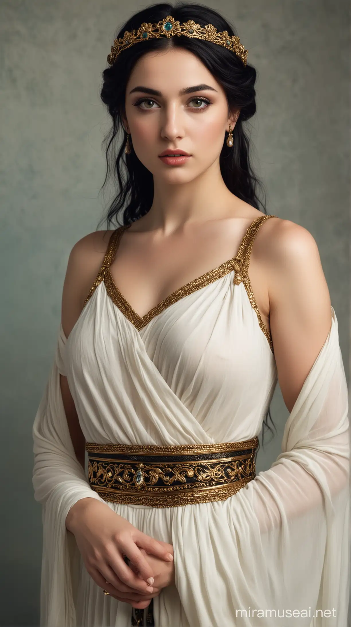 Greek Princess Medea with Fair Skin and Black Hair in Traditional Attire