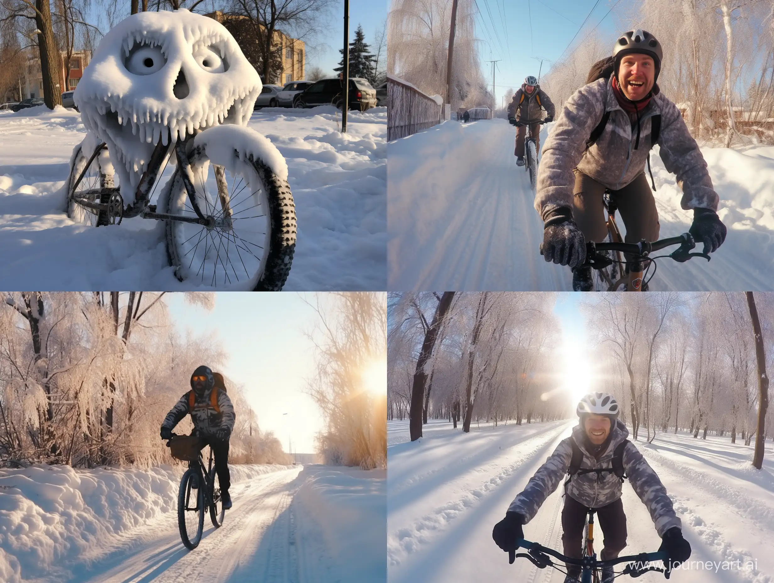happy cyclist winter in Omsk
