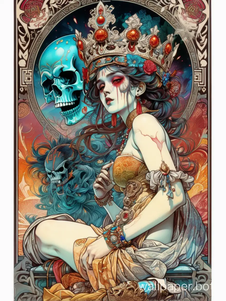 crazy horror skull odalisque, chaotic crown, chaos ornamental asymmetrical, Chinese poster, torn poster edge, Alphonse Mucha hyper-detailed, high-contrast colors, deep perspective background, explosive dripping colors, sticker art