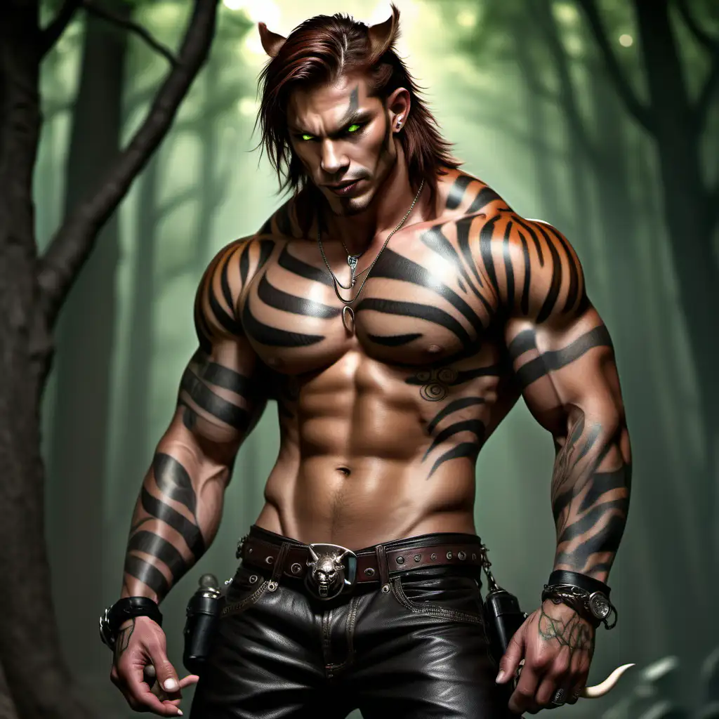 fantasy male, light skin, long chestnut brown hair, extremely muscular, handsome, rugged, leather clothing, friendly, kind, happy, tiger stripe tattoos, many piercings, pointed ears, fangs, tusks, small horns, light green eyes