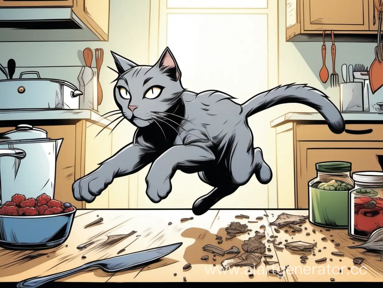 Стиль комиксов Марвел, кошка серая, бежит по столу на кухне, роняет предметы стоящие на столе, динамичная композиция, кошка бежит на нас
