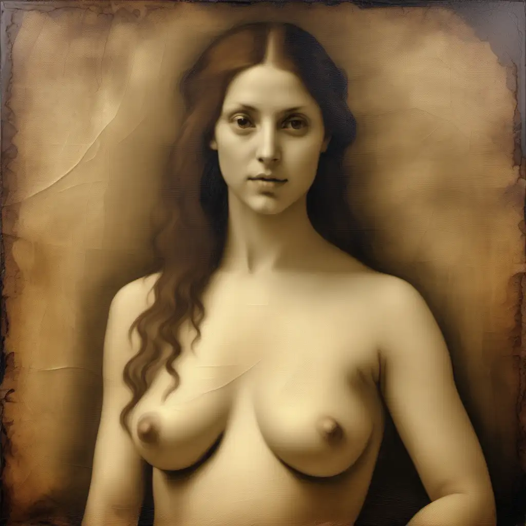 Une peinture a l'huile effet toile vieilli , d'une femme nue  dans le style de De Vinci