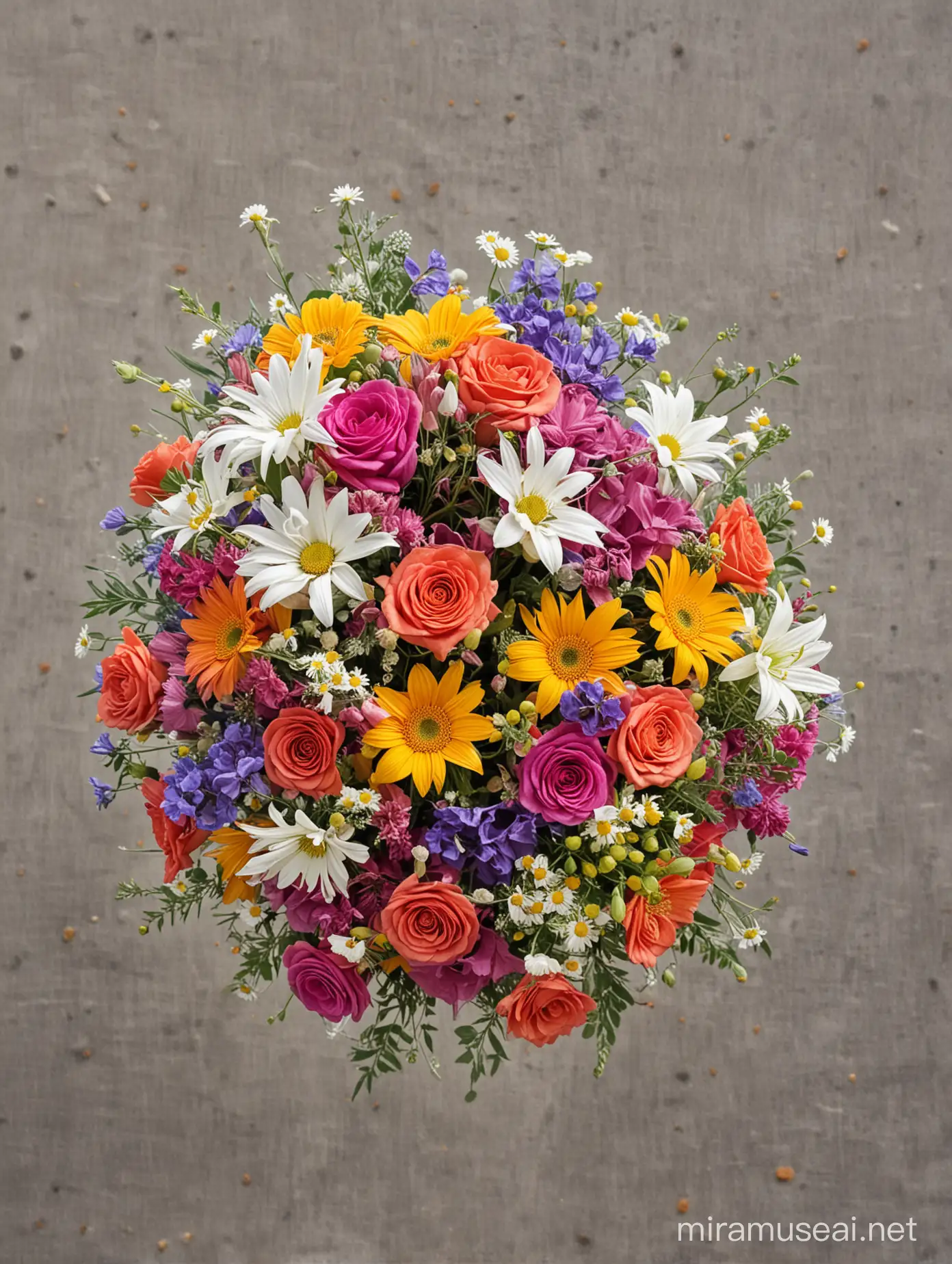 ARIAL VIEW OF A BOUQUET OF FLOWERS FLYING BEING BLOWN IN THE WIND