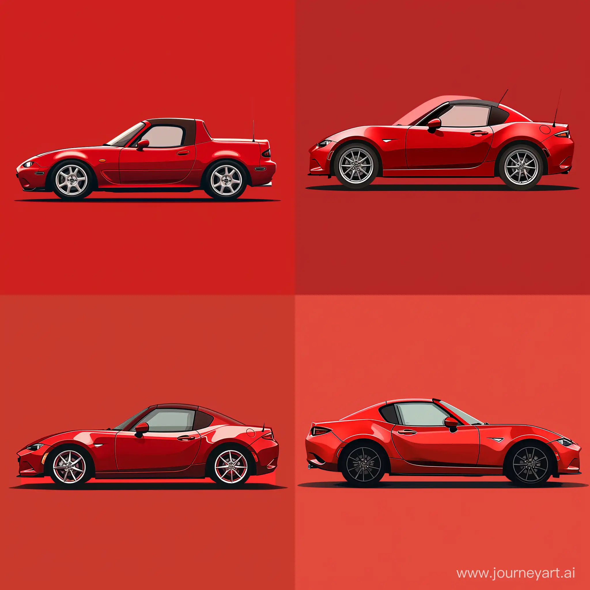 Minimalism 2D Illustration Car of Side View, Mazda Miata: Red Body Color, Simple Red Background, Adobe Illustrator Software, High Precision --v 6.0 --s 100 --q 0.25