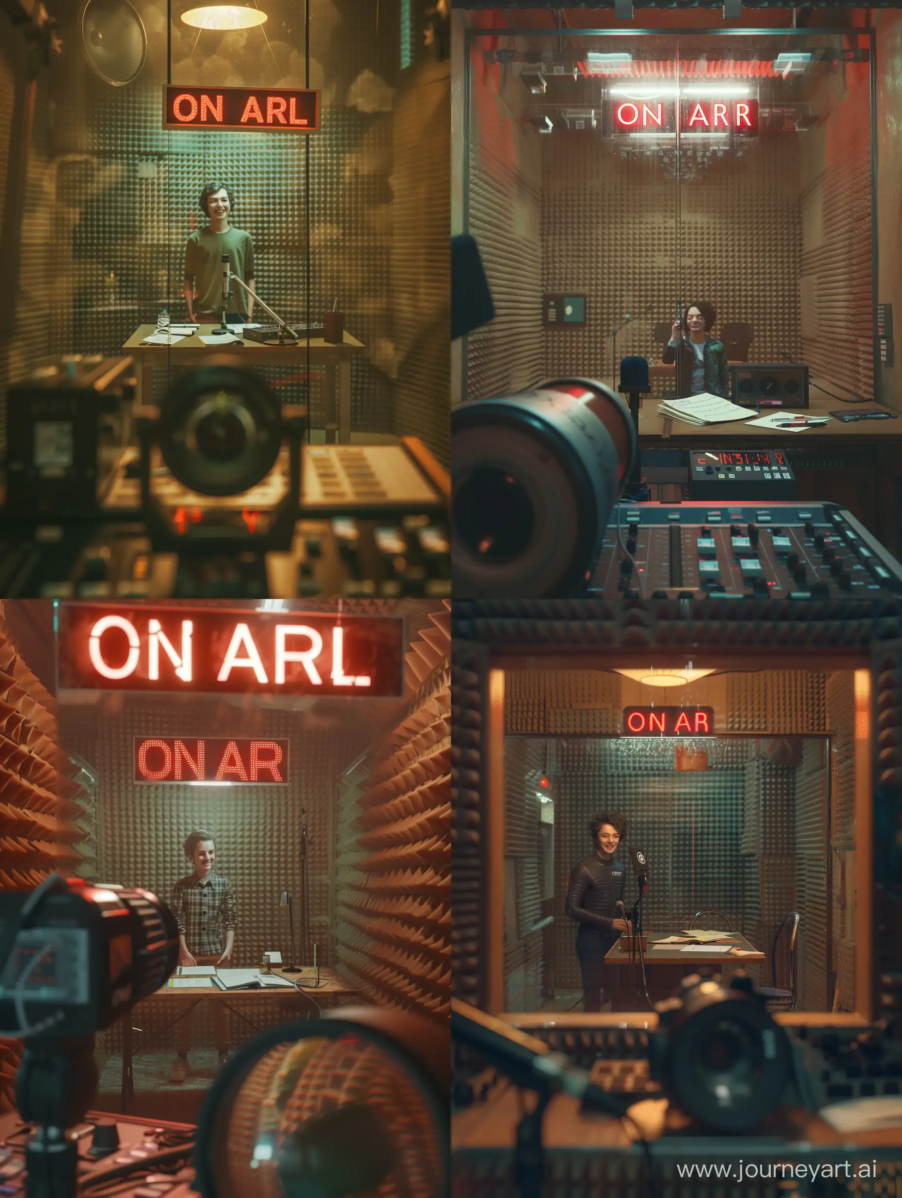 realistic photography of an Italian radio station. a young speaker stands in the recording room and smiles into the microphone. the room is dimly lit and its walls are lined with acoustic insulation material. in the room there is a table with notes on it, a microphone and, in front of the speaker's table, there is a large transparent glass that separates the room from the control room. Above the glass there is a lighted sign with the words "on the air" illuminated in red. the camera lens is located just below the table and frames the scene three-quarters upwards