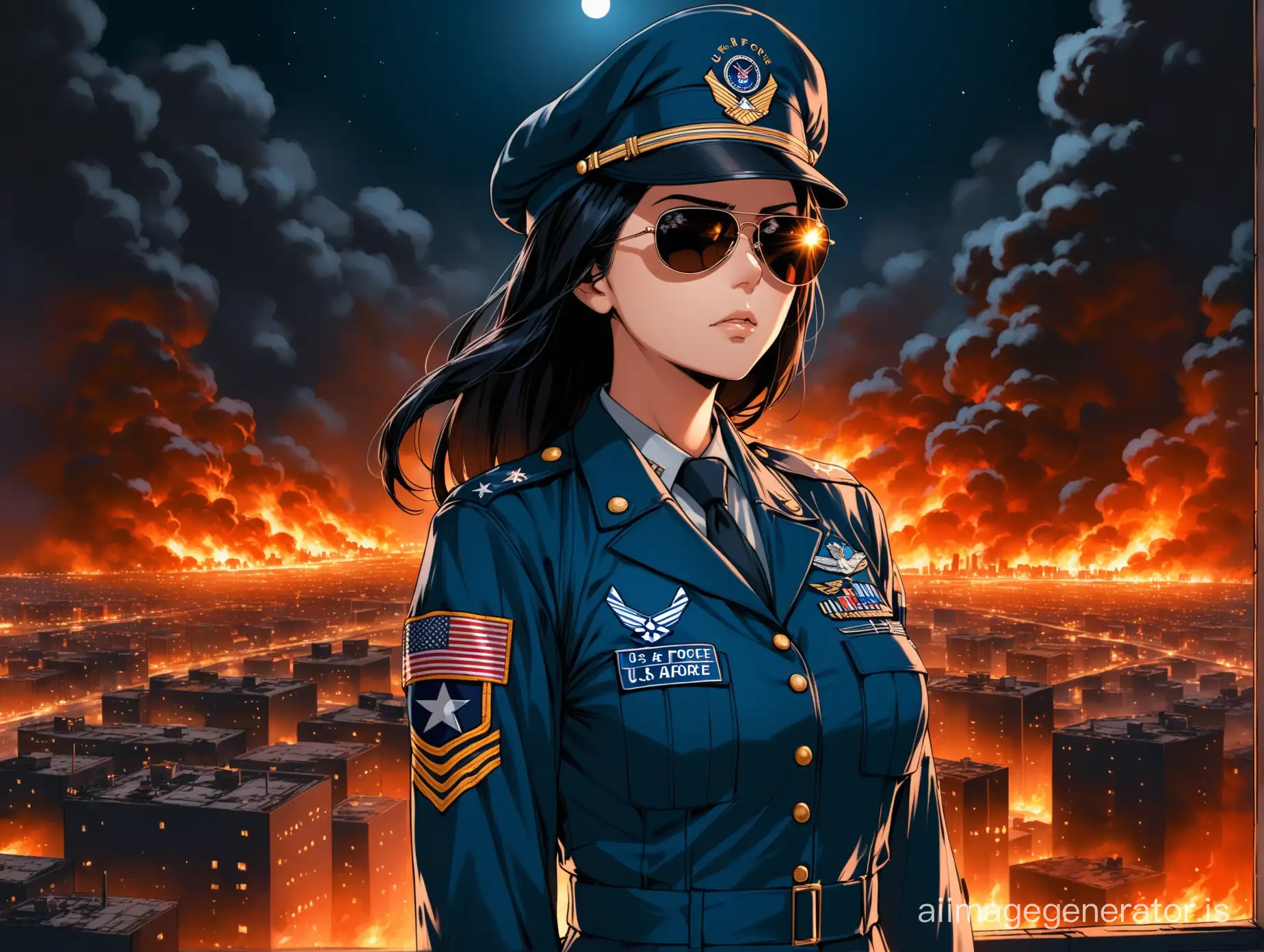 A serious woman with black hair in the uniform of a US Air Force officer in dark aviator sunglasses and an Air Force cap stands with her hands behind her back and looks forward-right, against the background of a burning city at night.