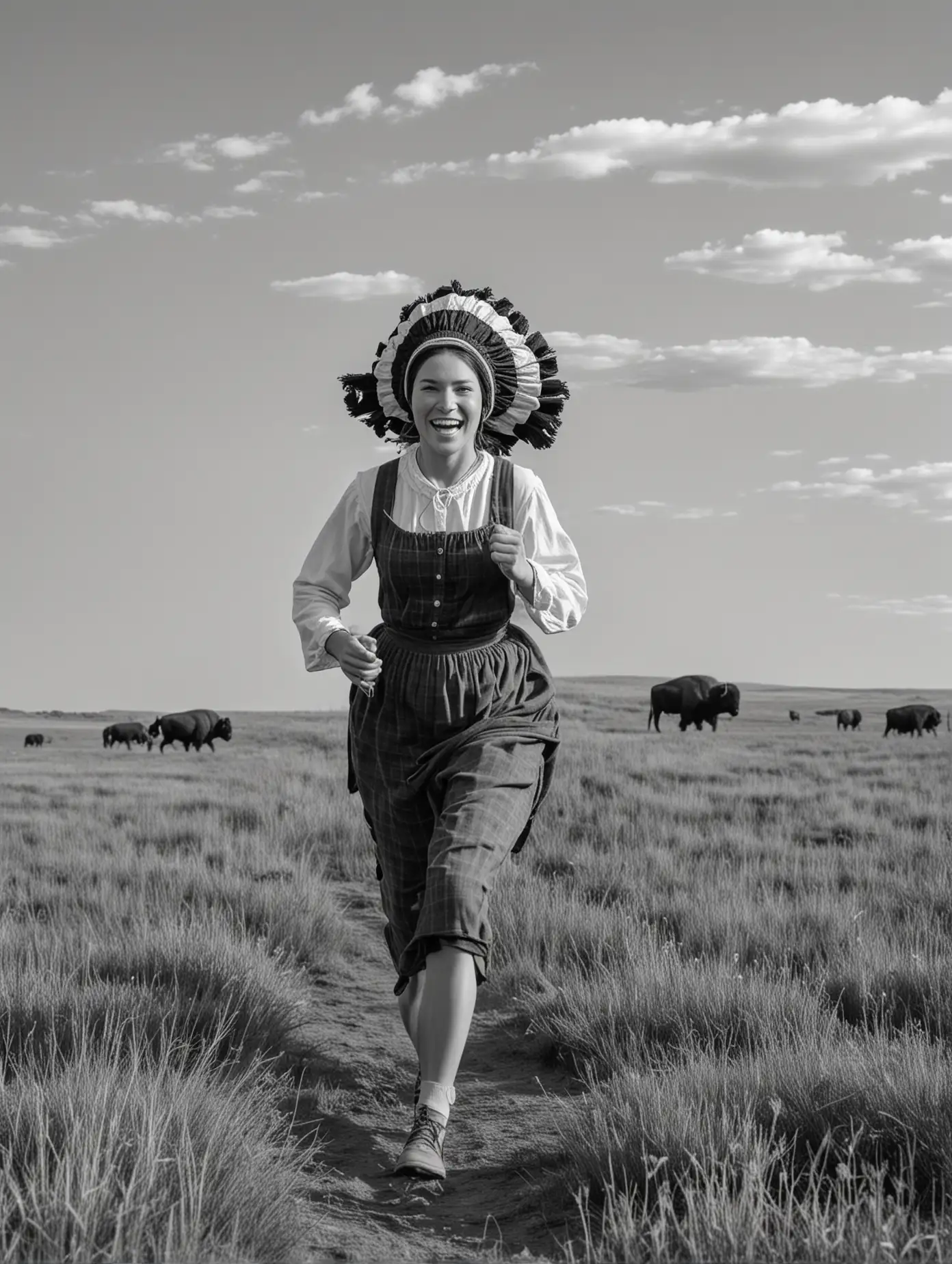 A woman runs through the prairie, arriving at her new land for the first time. She is a pioneer and wears a bonnet. There are buffalo in the background. She is seen from the side. In black and white. 
