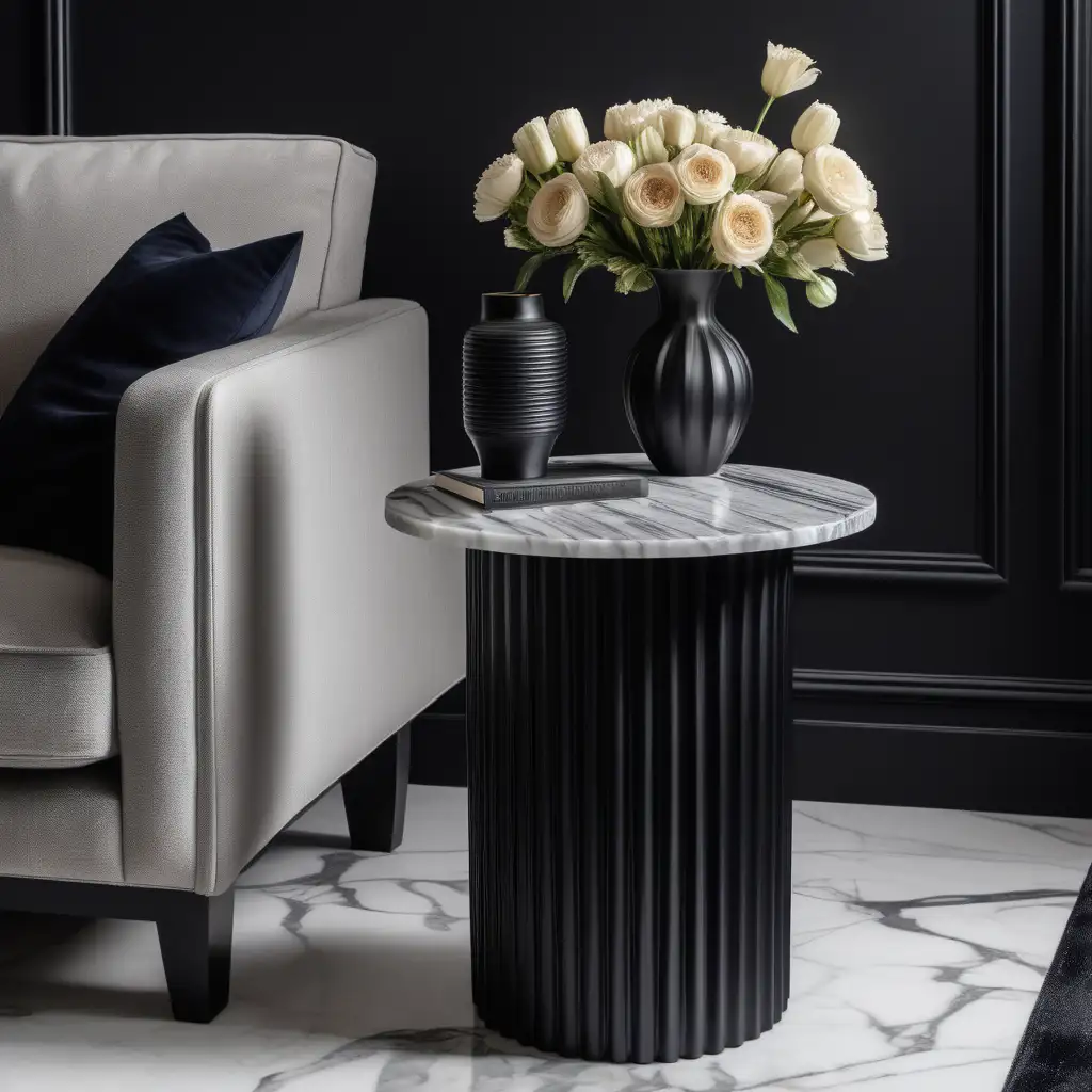 A product photography picture of a black side table with fluted base with a marble pattern table top in the centre of a contemporary living room with a vase of flowers on top of it.