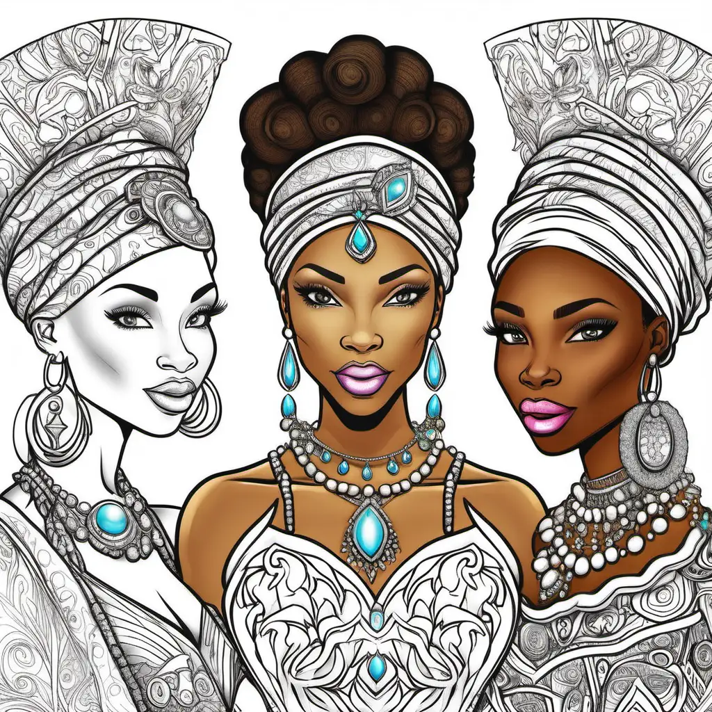 African American Princesses Coloring Book Regal Royalty in Head Wraps and Extravagant Jewelry
