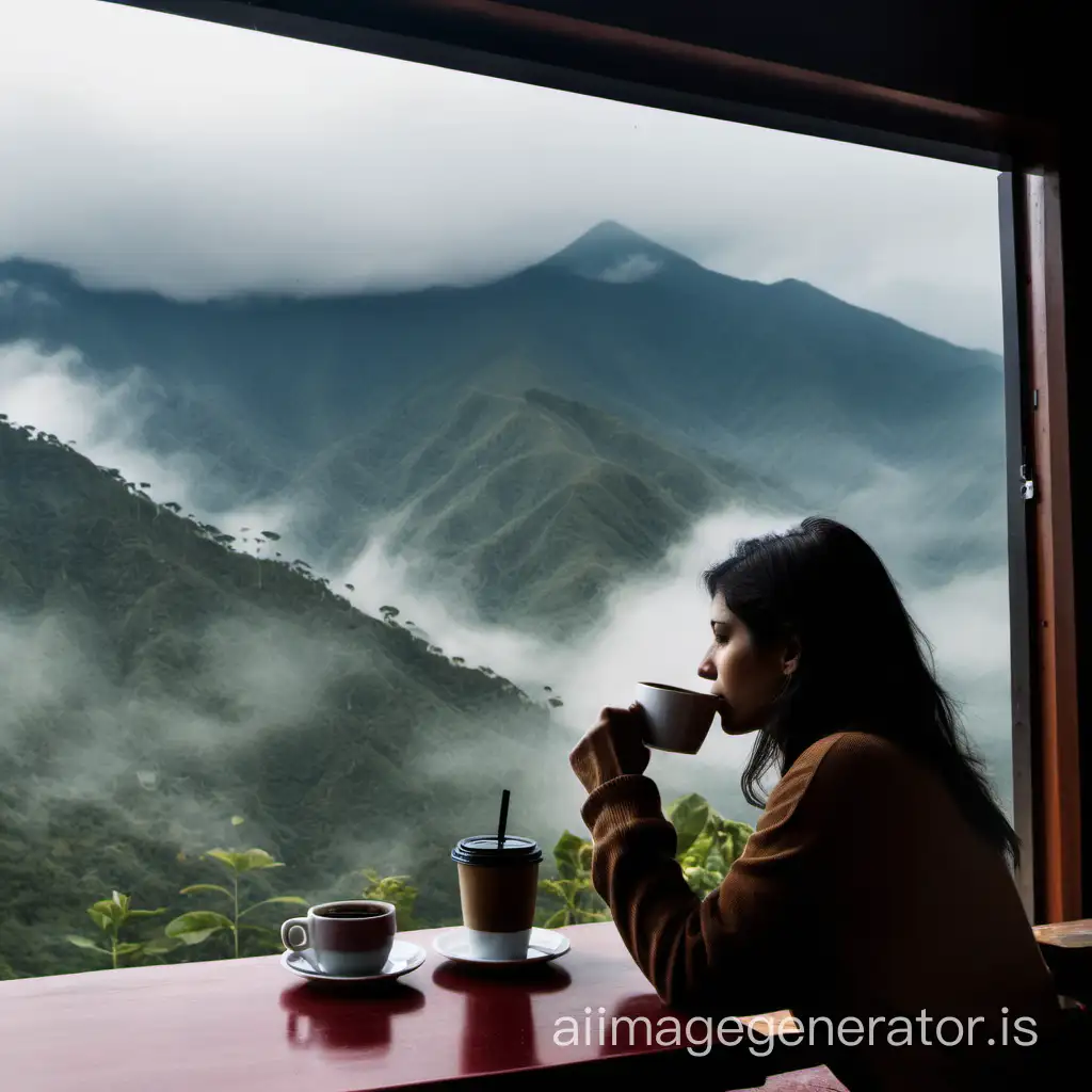 a woman sitting in a coffe shop looking through a window at the Colombian mountains while holding a cup of warm coffee on a  misty day