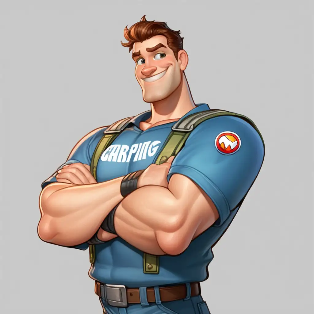 animated male character, garbage man, superhero, close-up, no background, arms folded, smiling