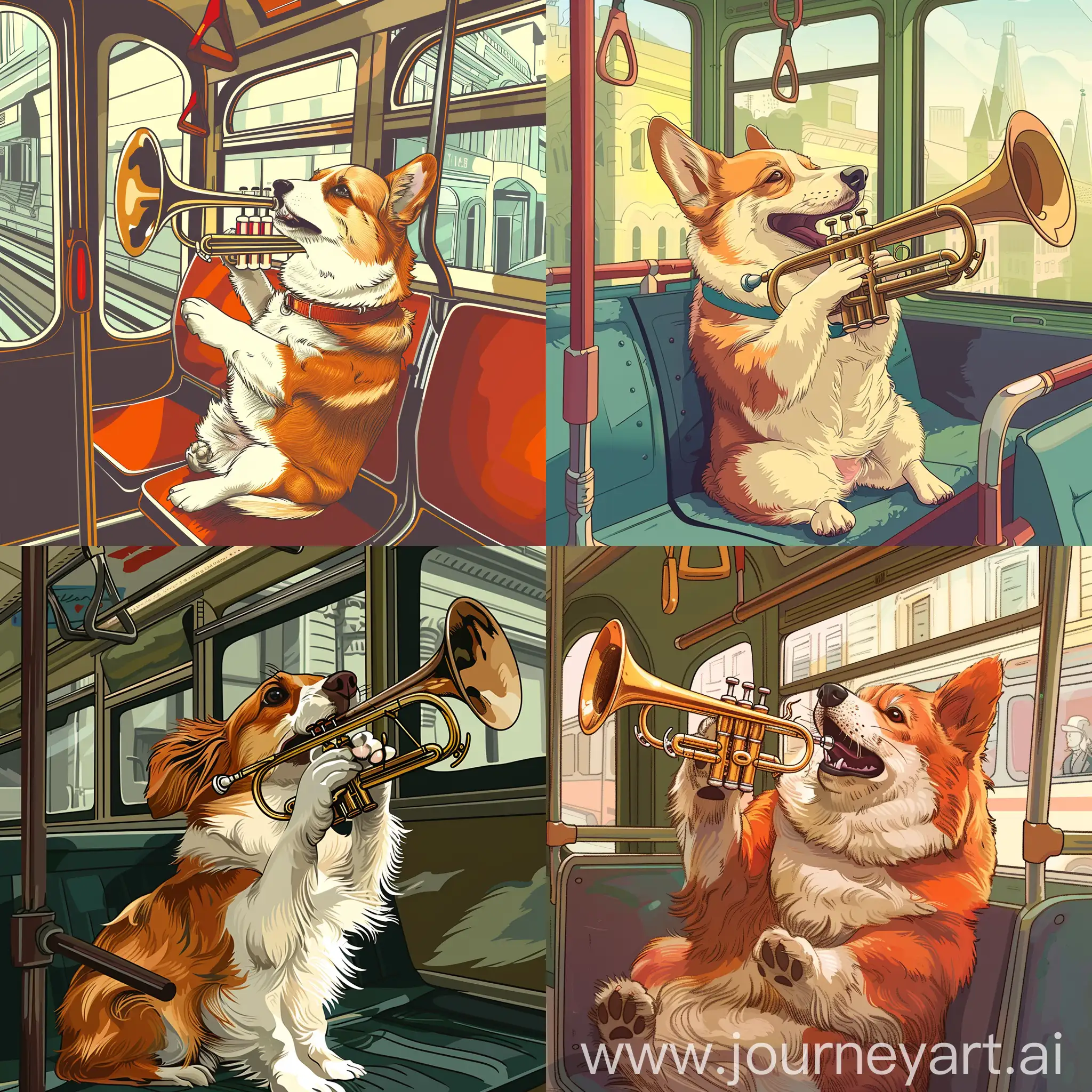 Pies w stylu cartoon i humorystycznym grający na trąbce. Pies znajduje się na tramwaju. Wciel się w rolę najlepszego grafika.