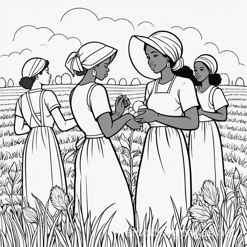 Black women gleaning  in a field, Coloring Page, black and white, line art, white background, Simplicity, Ample White Space. The background of the coloring page is plain white to make it easy for young children to color within the lines. The outlines of all the subjects are easy to distinguish, making it simple for kids to color without too much difficulty