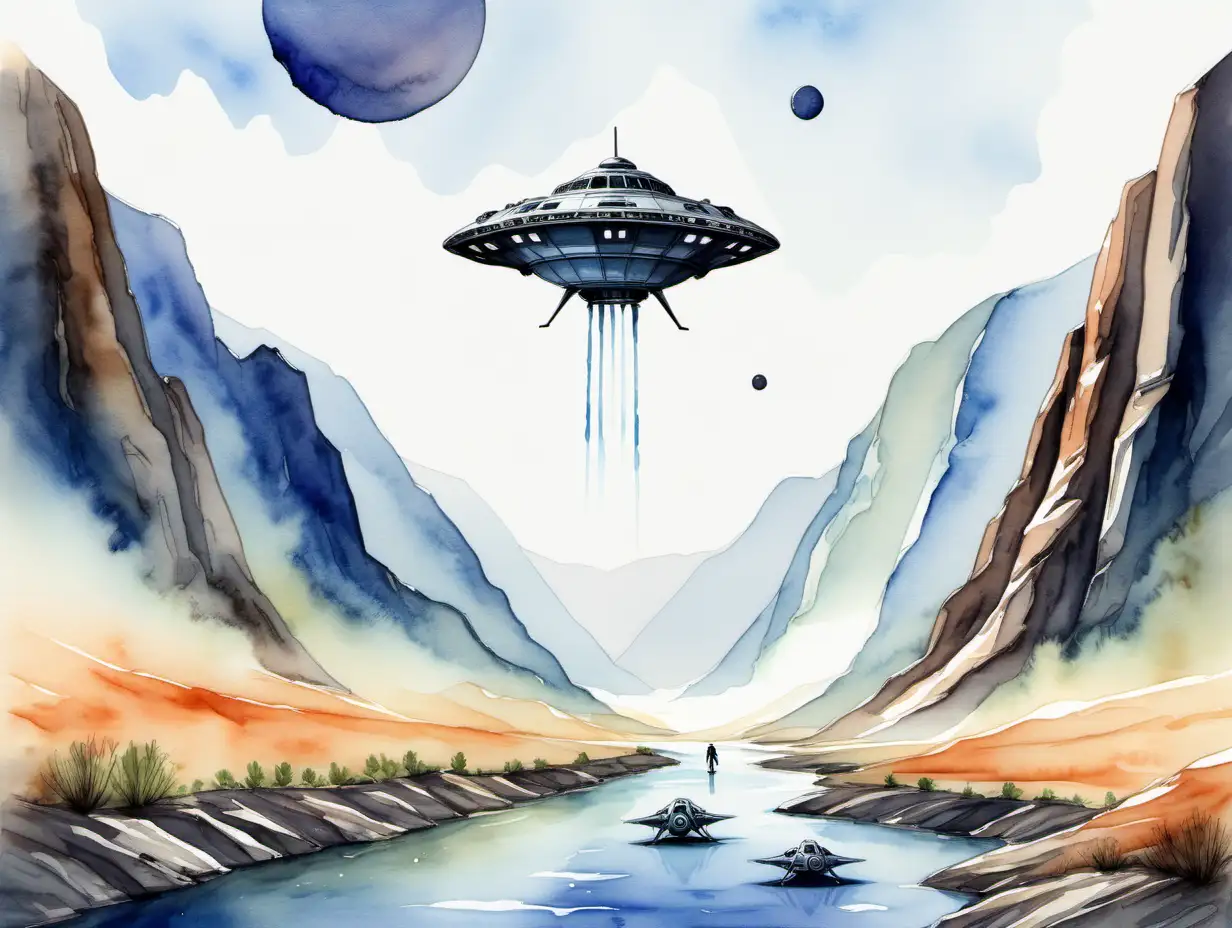 minimalist watercolor style painting of aliens landing a spacecraft in a beautiful mountainside river