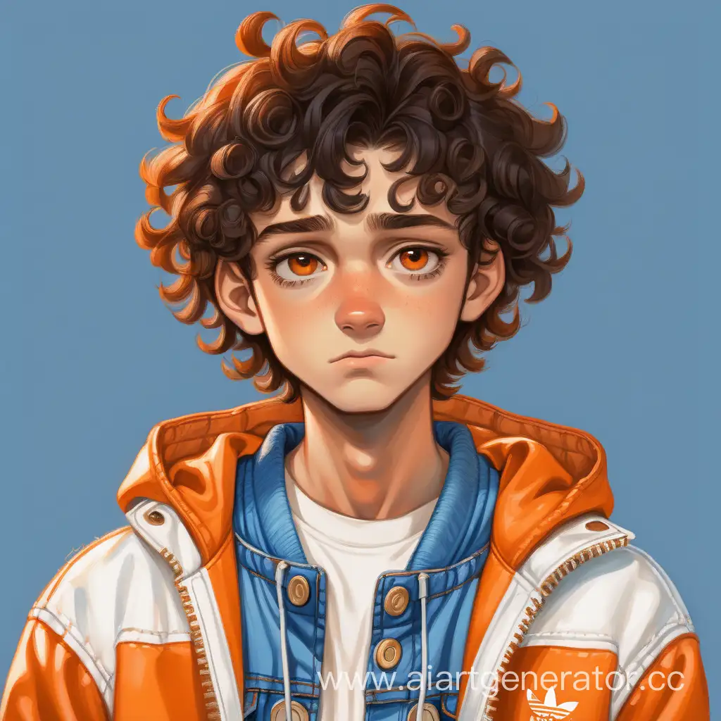 a teenager with curly slightly dark hair, brown eyes and slightly sloppy eyebrows is dressed in wide blue jeans and a white and orange Olympic jacket, this boy looks depressed and emotionless