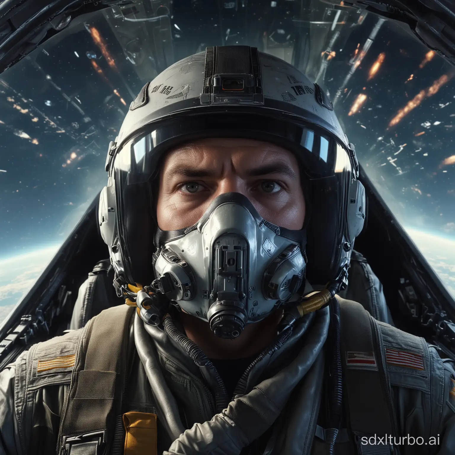 portrait of a space fighter inside his fighter jet, the pilot is wearing his oxygen mask and his helmet visor at front of his eyes, there is a reflection on the visor for the HUD plus some information about speed, altitude and tracking information about enemy fighter. show in the scene the sense of an intense arial battel.