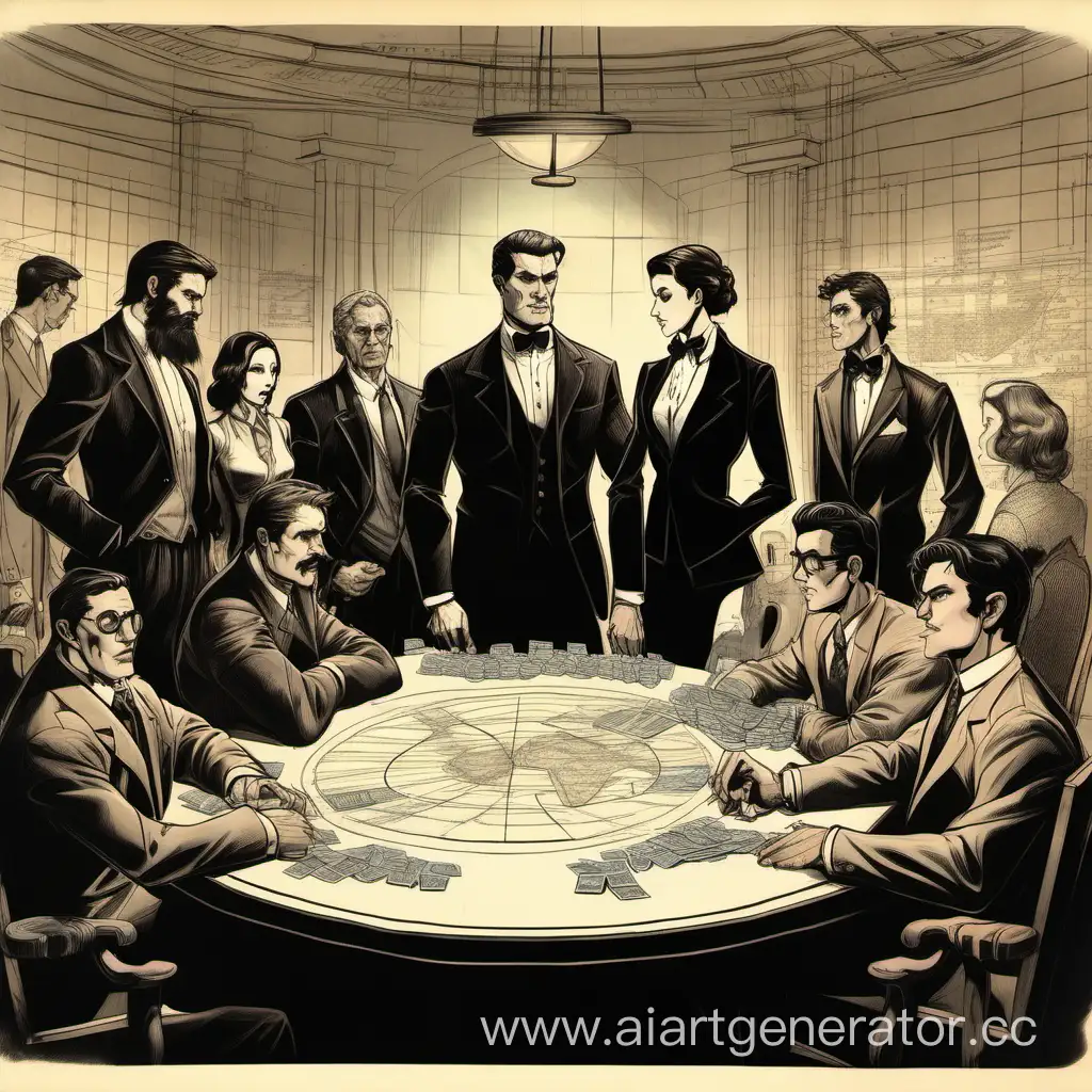 9 men and 3 women are sitting at a round table in business suits in the imperial hall with barrels of oil and gas. The first man, of full build, with short black hair. The second teenager, thin, with brown hair. The third man with a short beard, tall, with blond hair. The fourth man is blond, thin, and tall. The fifth man is muscular, with brown hair, tall, with an aquiline nose. The sixth woman, a brunette, with glasses. The seventh man, wearing glasses, is thin, short. The eighth woman, short, brunette. The ninth man, with black hair, thin, tall. The tenth woman, blonde, thin. The eleventh man, at the head of the table, muscular, dark-haired, tall. The twelfth man, with a long beard and mustache, dark-haired, muscular, short. There are documents, graphs, plastic figures with drilling wells, money, poker chips, and a world map on the table.