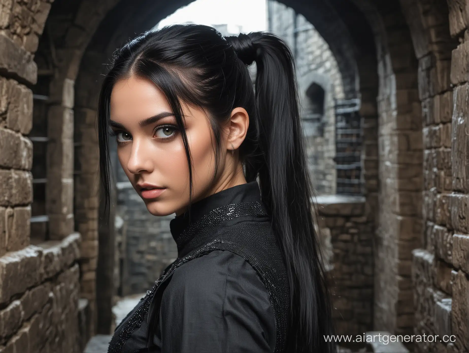 Medieval-Dungeon-Scene-with-a-Girl-with-Gray-Eyes-and-Black-Straight-Hair-in-a-High-Ponytail-Hairstyle