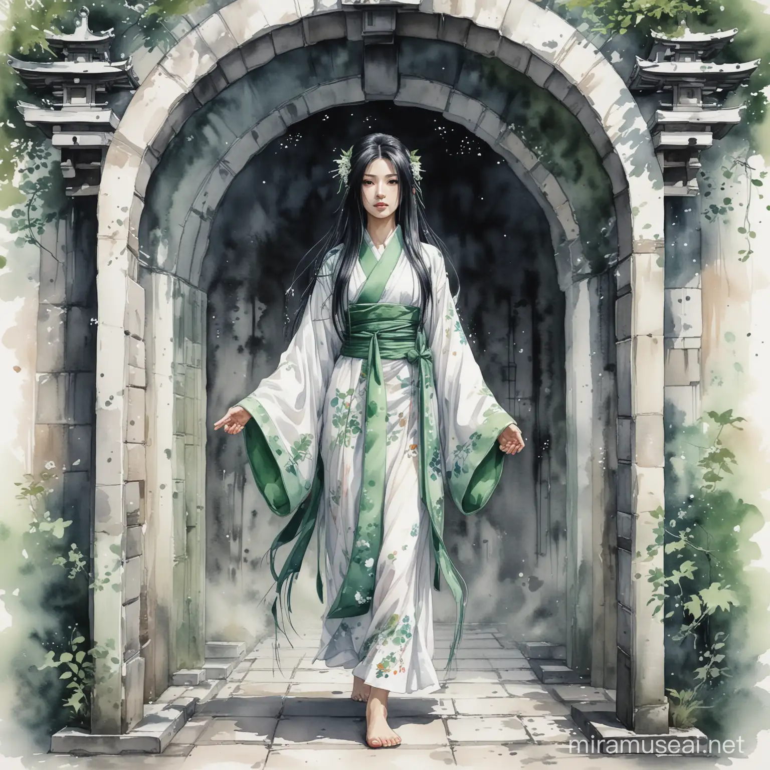 a japanese woman in a shrine maiden robe, white with green trim, long black hair, walking though a magic portal, full body art, sketchy, watercolour style